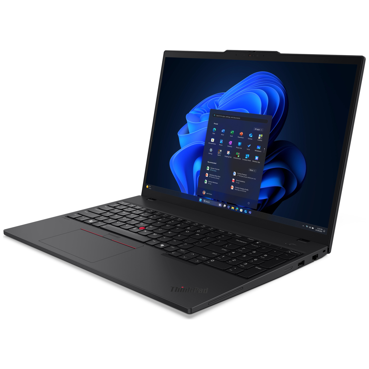 Black laptop with its screen open, showing the Windows start menu.