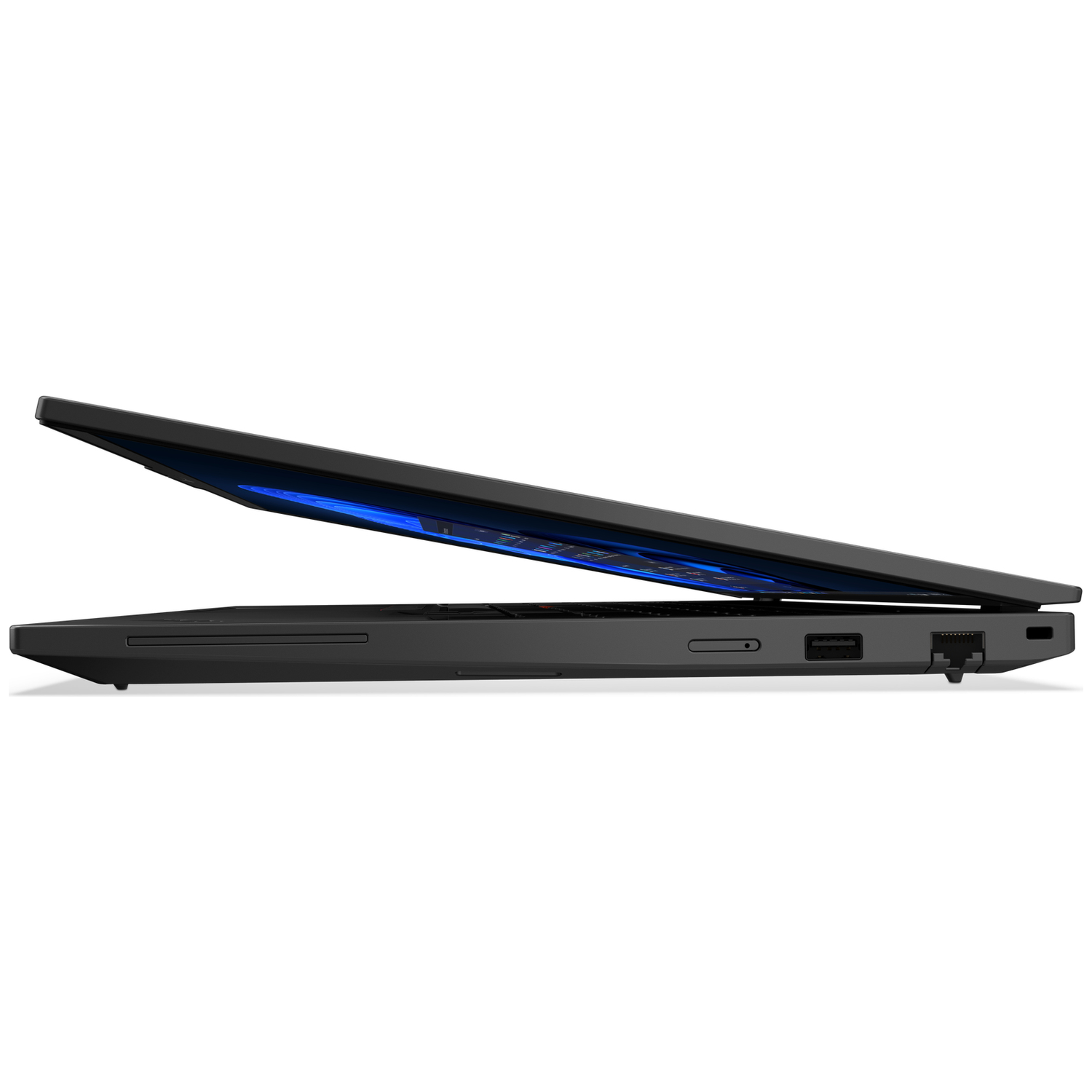 Black laptop in side profile, screen slightly open, showing ports on the side.