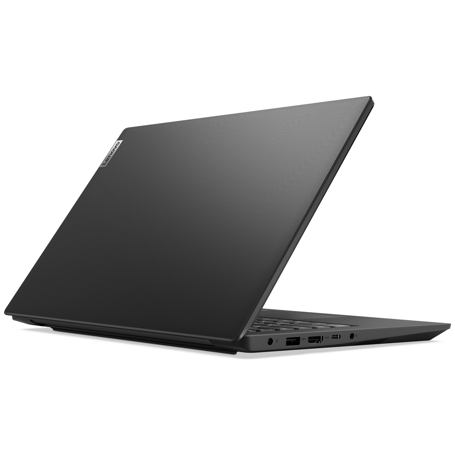 Zwarte Lenovo laptop, van de zijkant getoond, met zichtbare poorten aan de rand.