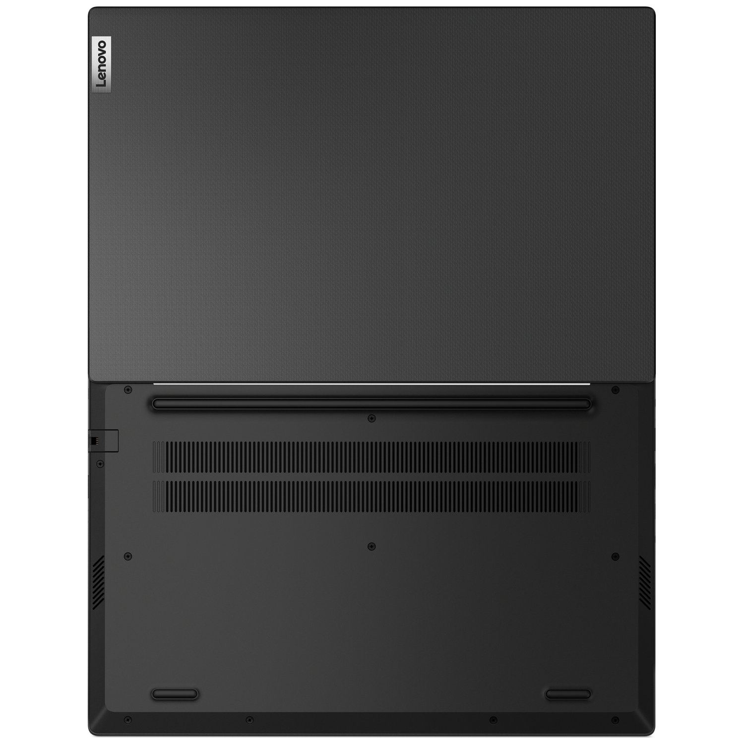 Onderkant van een zwarte Lenovo laptop met ventilatieopeningen en schroeven.