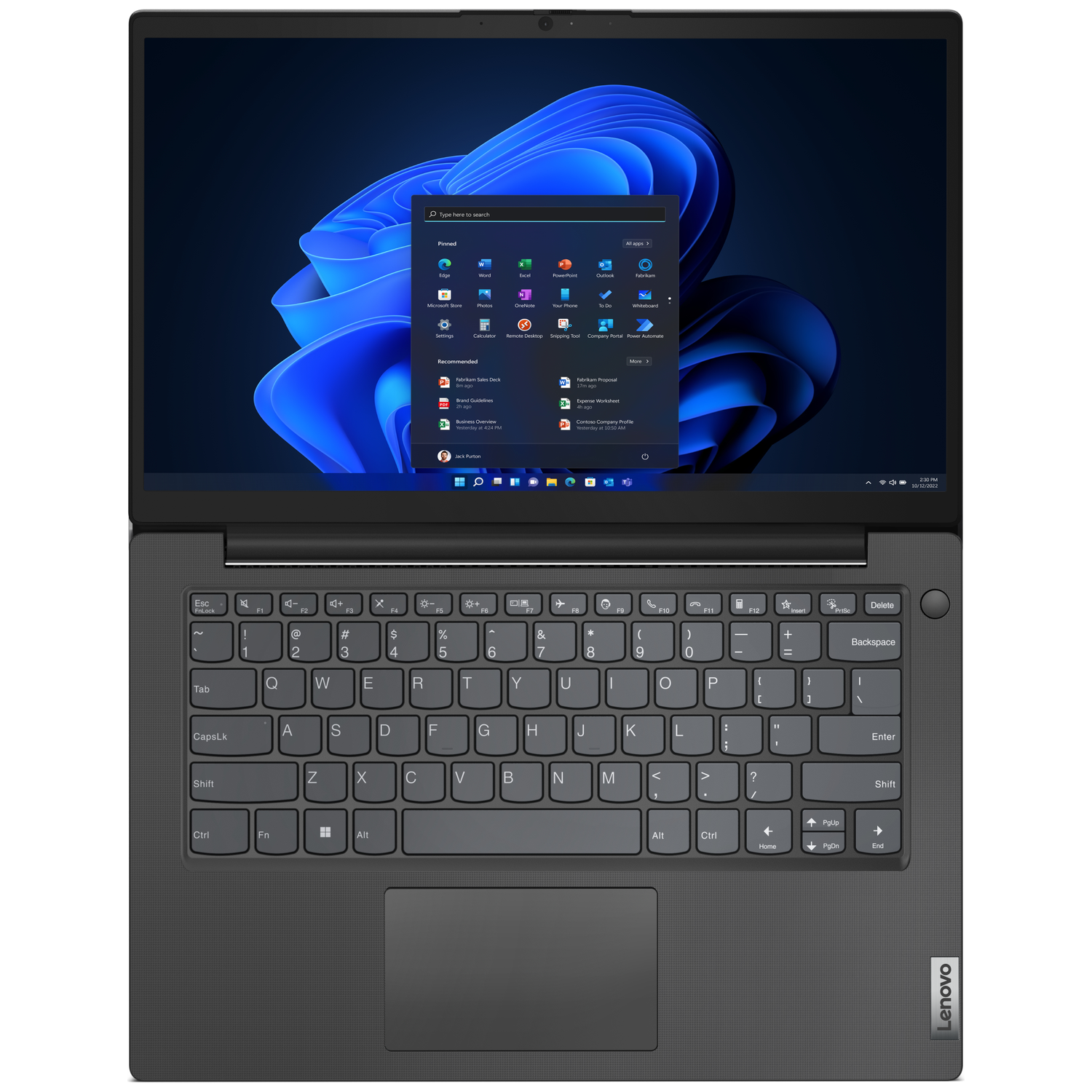 Een gesloten zwarte laptop met een blauw en donker achtergrond op het scherm.
