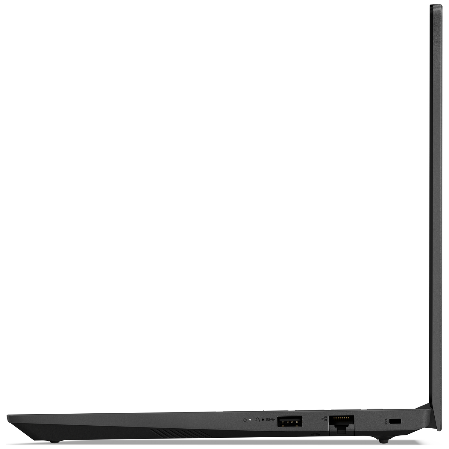 Zijaanzicht van een zwarte laptop met poorten: USB, Ethernet, stroomadapter.