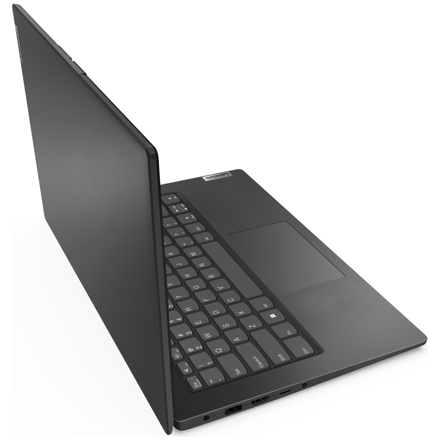 Een donkergrijze Lenovo laptop is open, met toetsenbord en trackpad zichtbaar. Witte achtergrond.