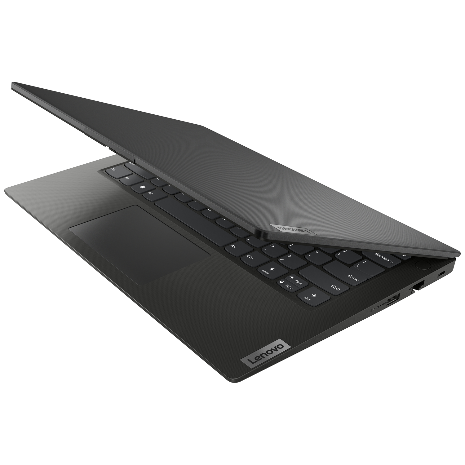 Zwarte Lenovo laptop met open deksel, toont toetsenbord en trackpad.