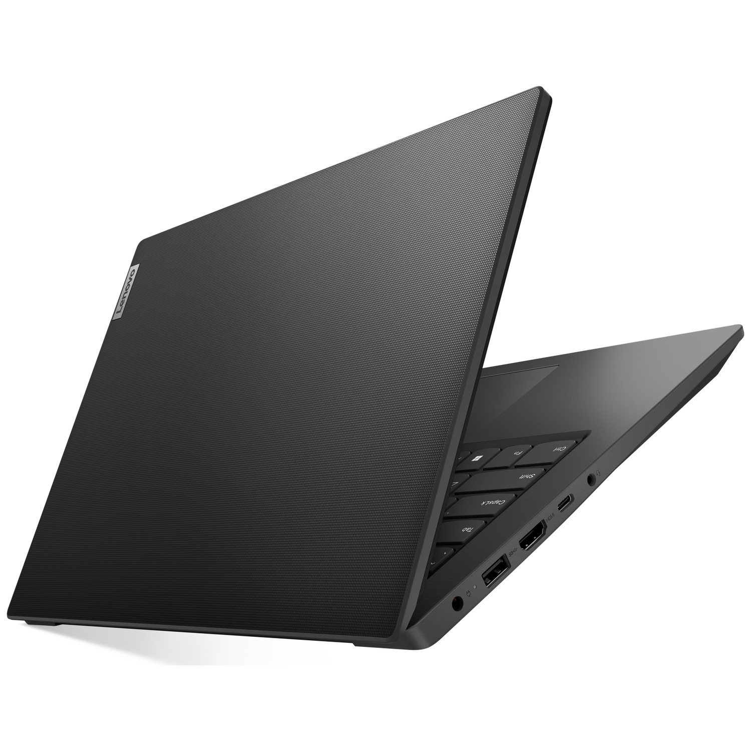 Zwarte Lenovo laptop, gedeeltelijk open, met toetsenbord en poorten.