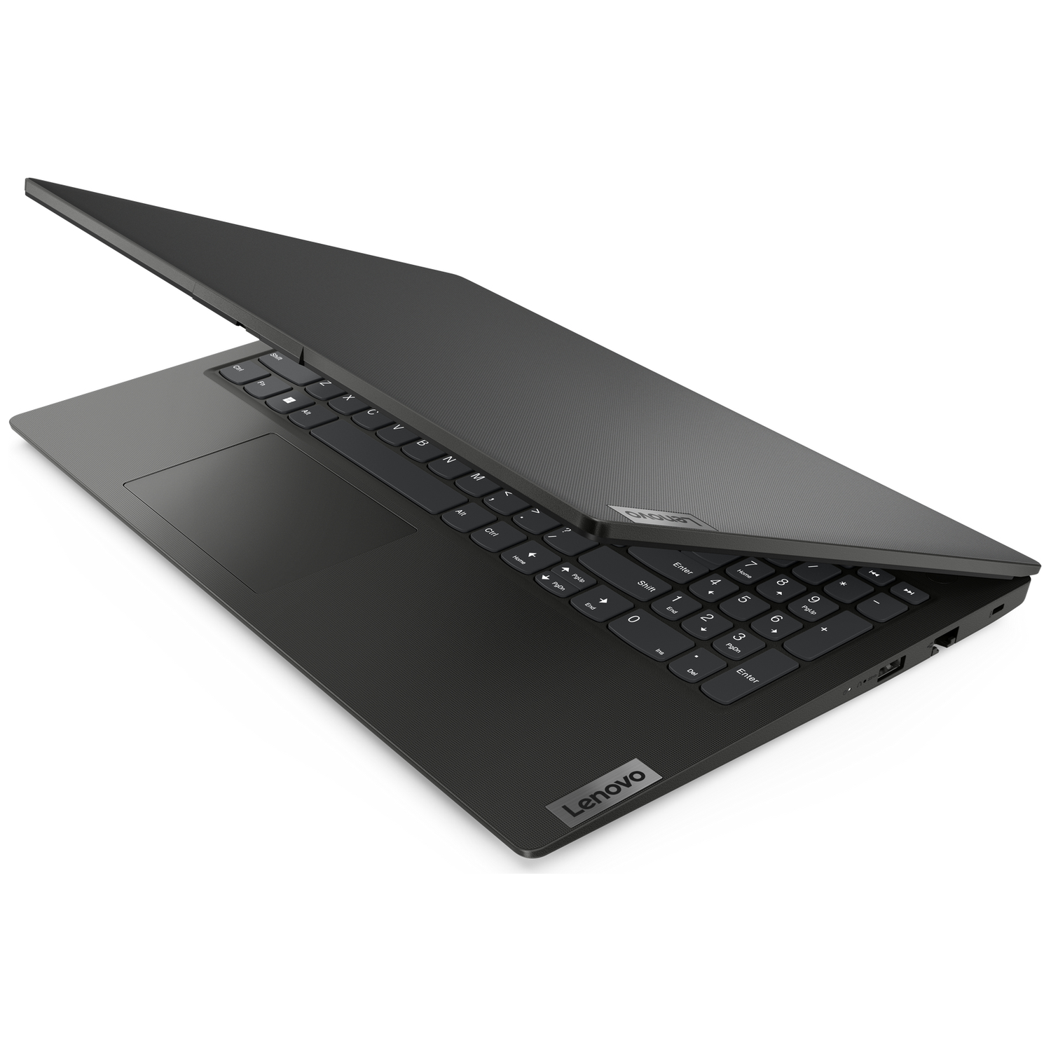Een open zwarte Lenovo laptop met toetsenbord en touchpad op een witte achtergrond.