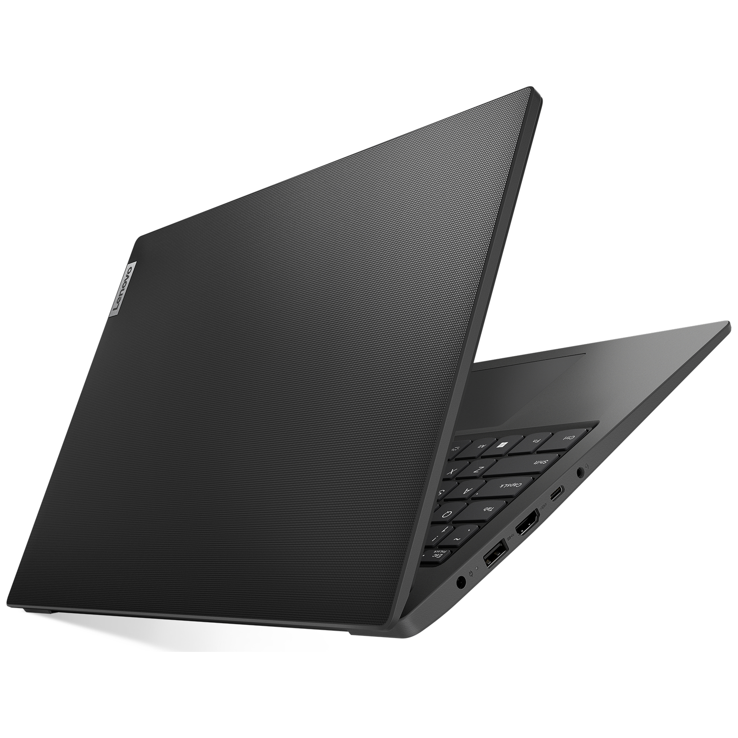 Zwarte laptop met open deksel, toetsenbord en poorten zichtbaar. Textuur deksel.