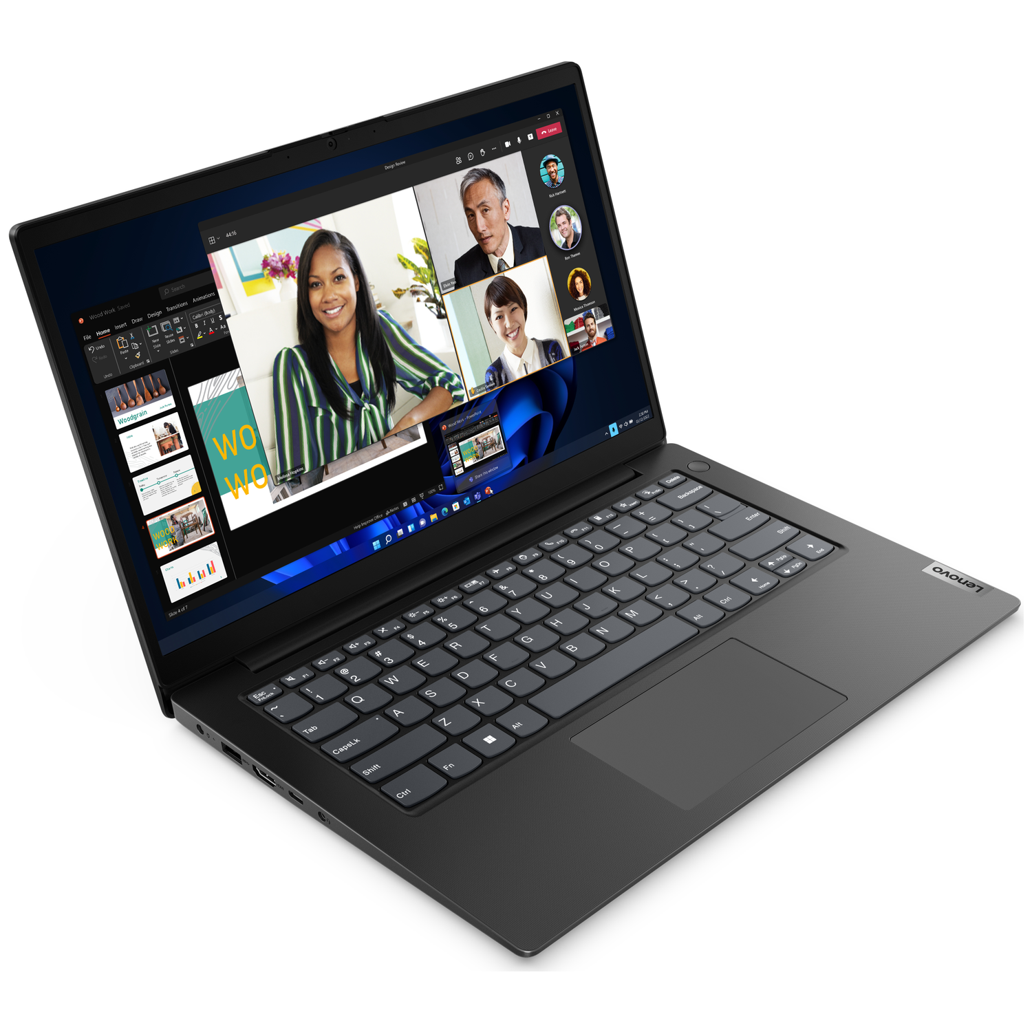 Een laptop toont een videogesprek met vier personen en presentatie dia's.