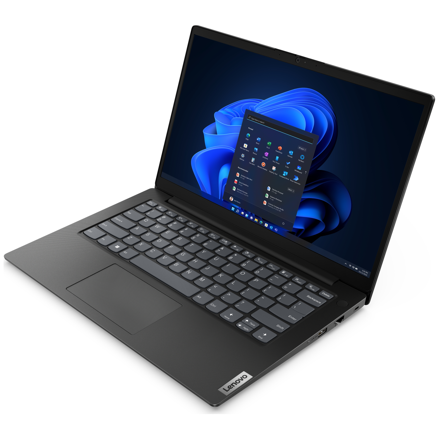 Zwarte Lenovo laptop met Windows 11 op het scherm.