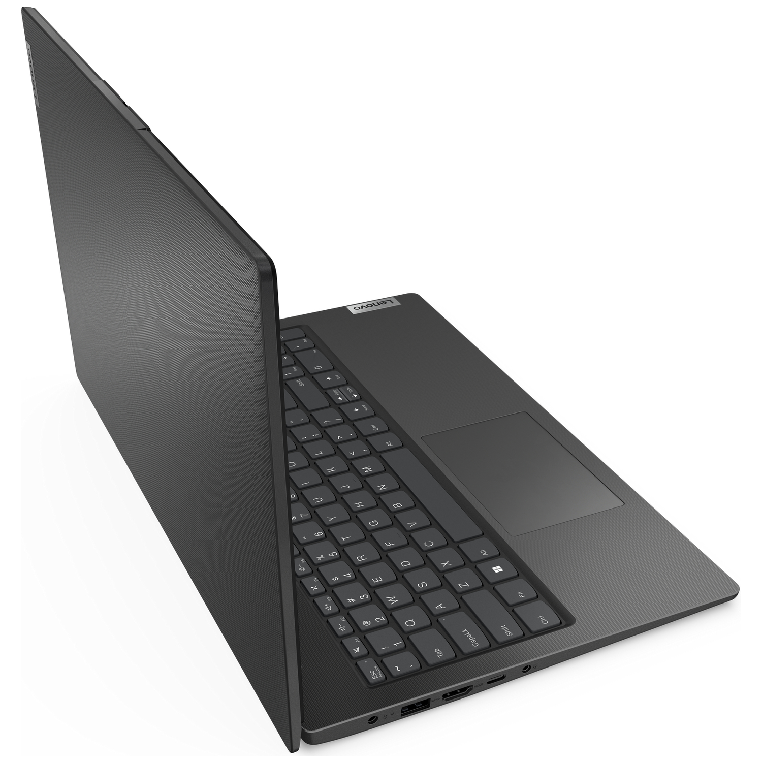 Een zwarte laptop is open op een witte ondergrond, met zichtbaar toetsenbord en touchpad.