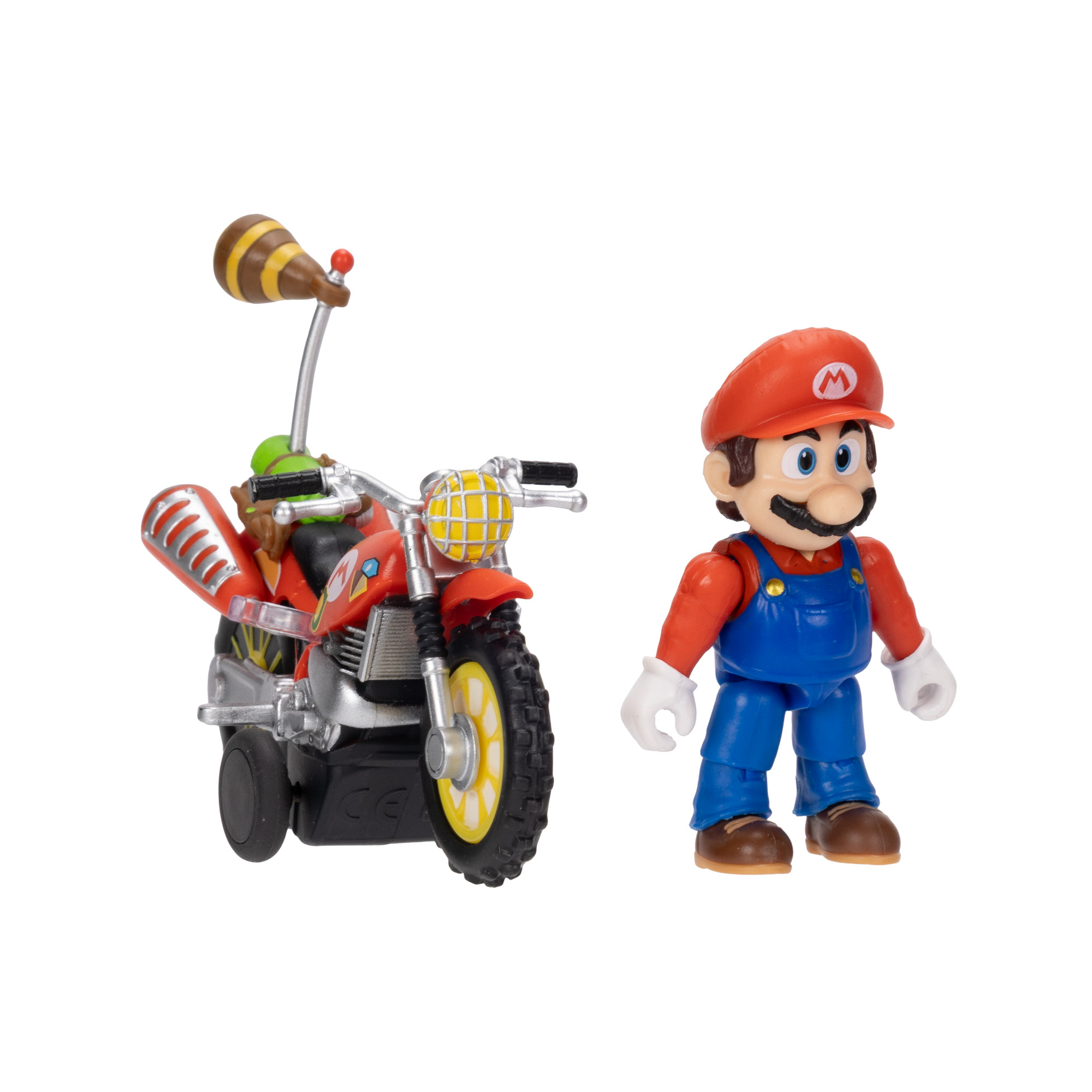 Mario-Figur und rotes Motorrad mit braunem Banner.