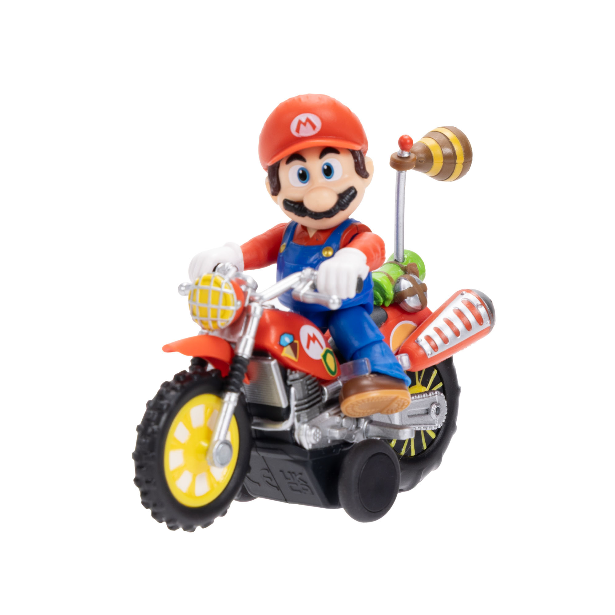 Eine Mario-Figur fährt ein rotes Motorrad mit gelben Felgen und blauer Latzhose.