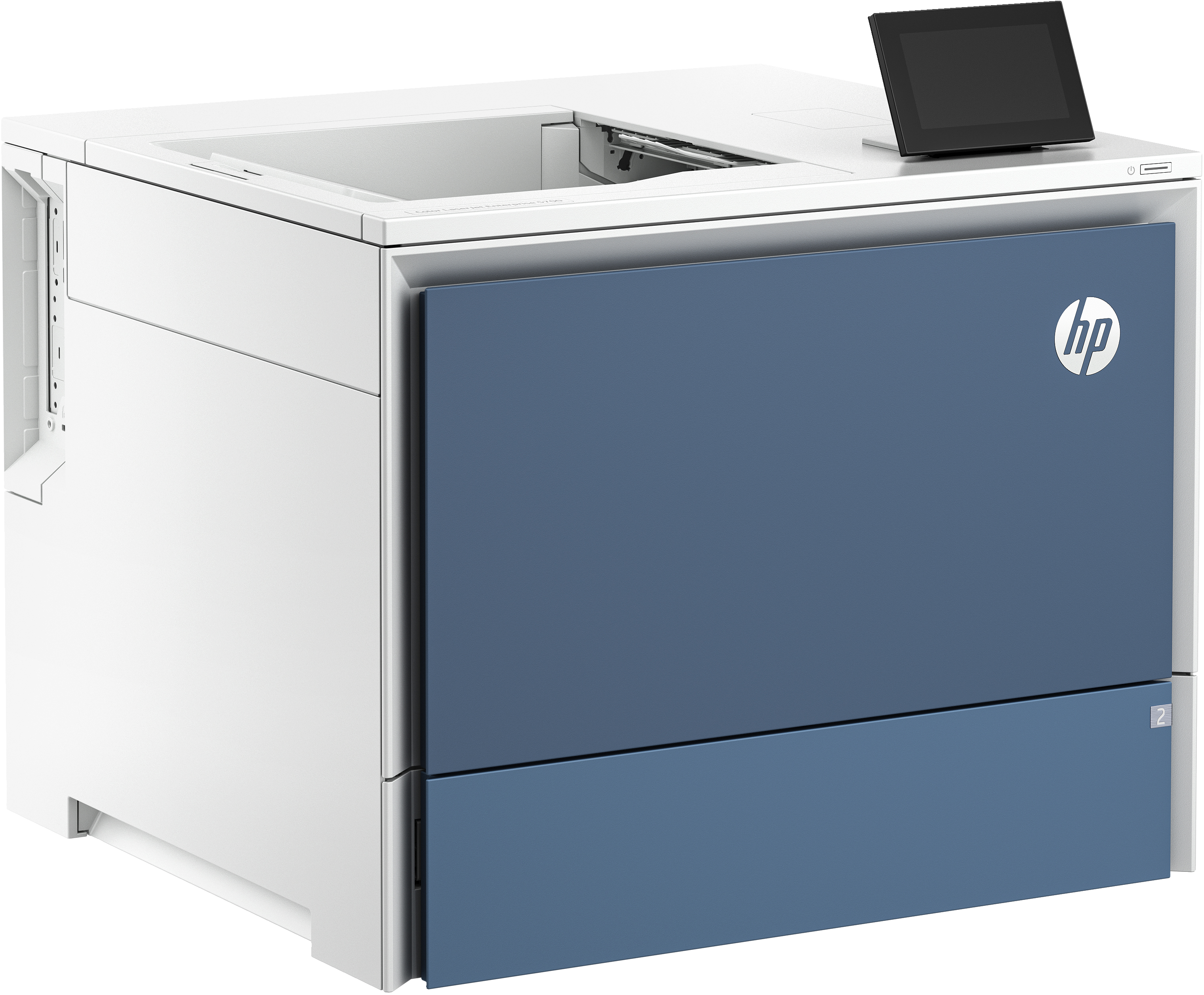 Ein weißer und blauer HP Laserdrucker mit Touchscreen.