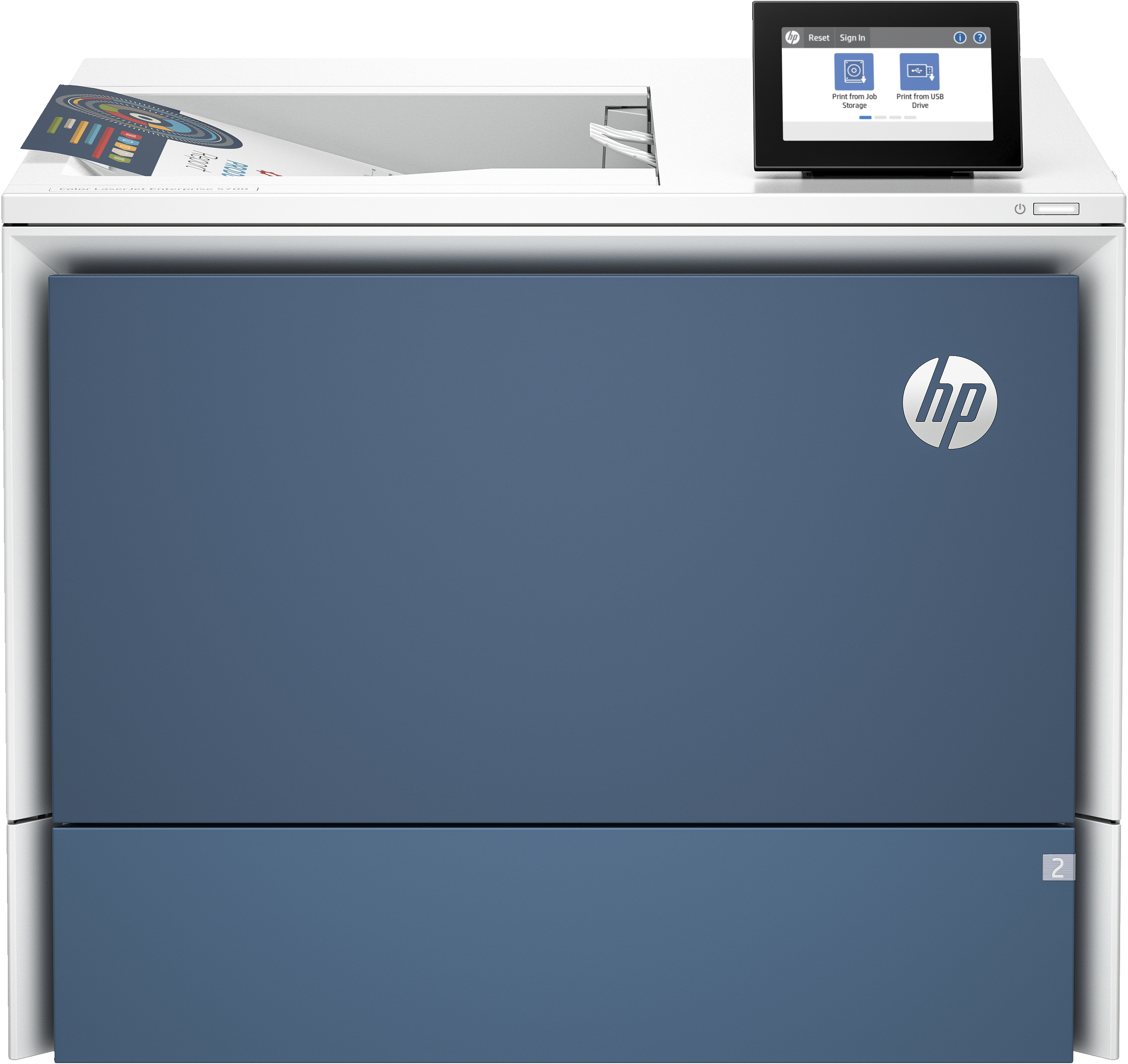 Ein blauer HP Drucker mit Touchscreen zeigt Druckoptionen an. Ein Bericht liegt oben.