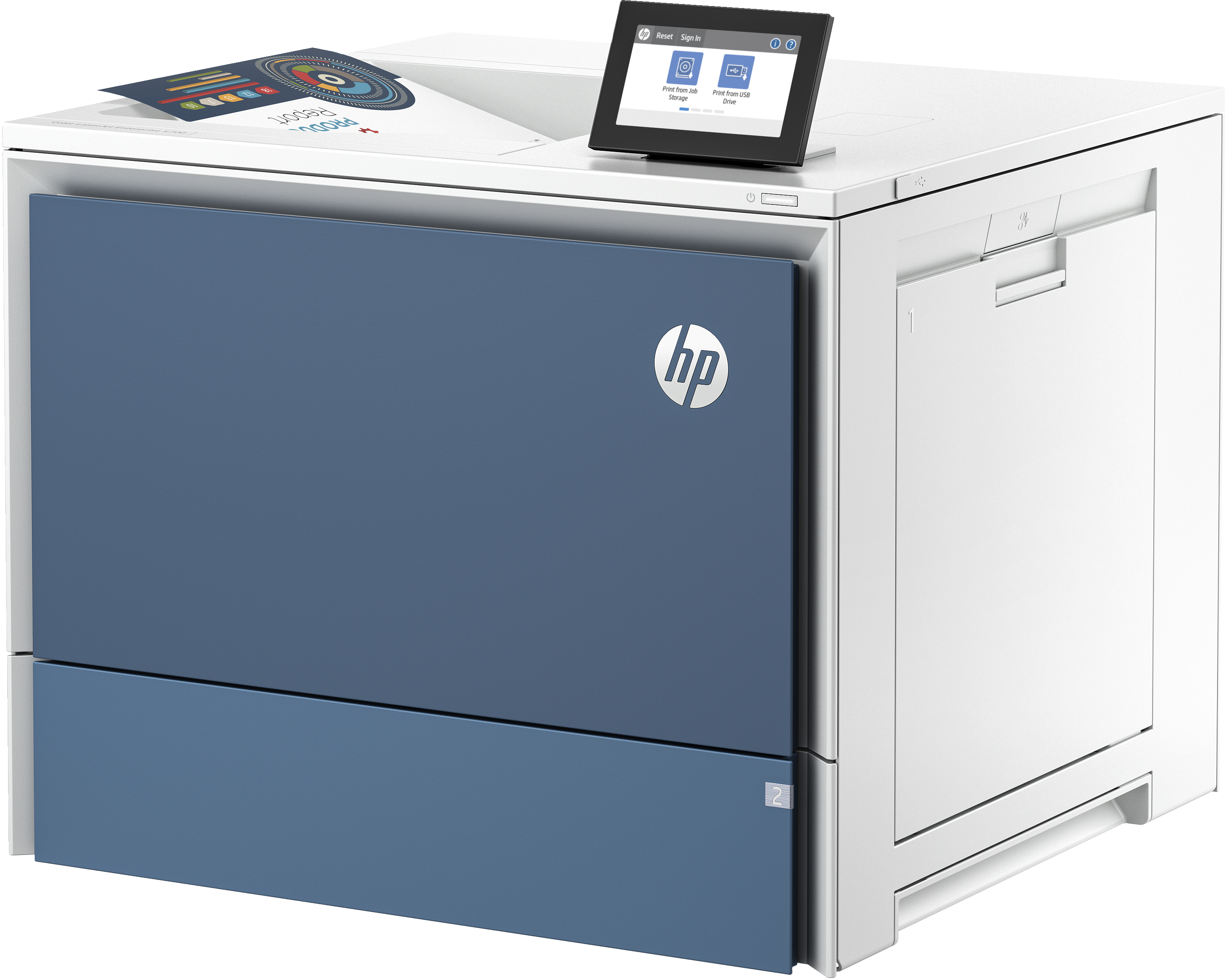 Ein blauer und weißer Drucker mit Touchscreen und Dokumenten.