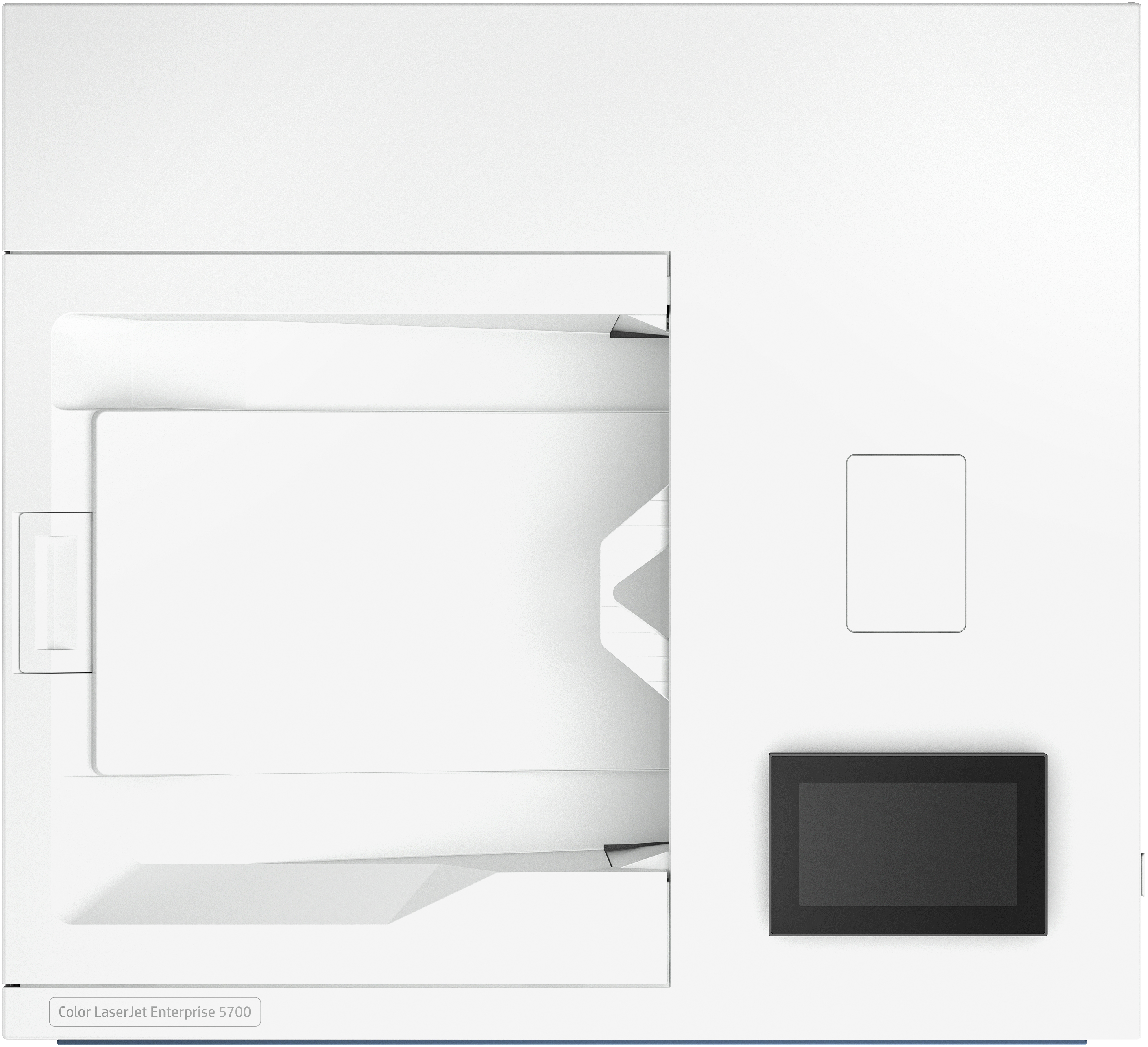 Ein weißer Drucker mit einem Touchscreen-Display und einer Papierausgabefach.