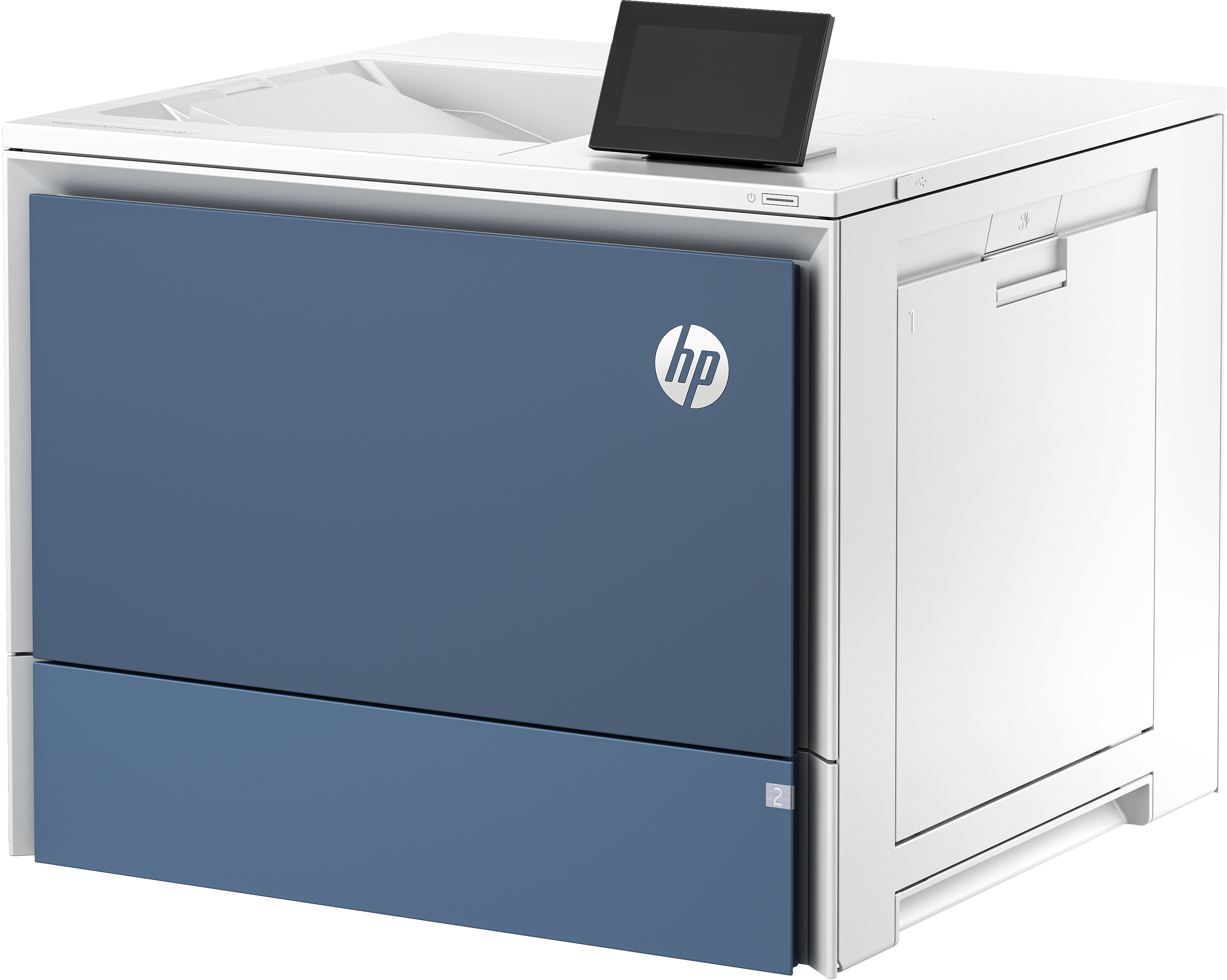 Ein weißer Drucker mit blauer Front und Touchscreen.
