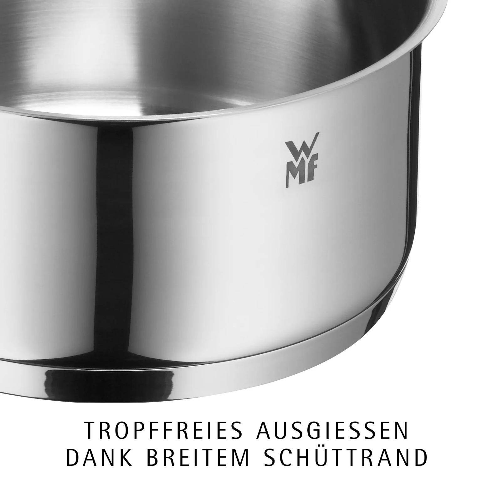 Edelstahltopf mit breitem Schüttrand und Logo.