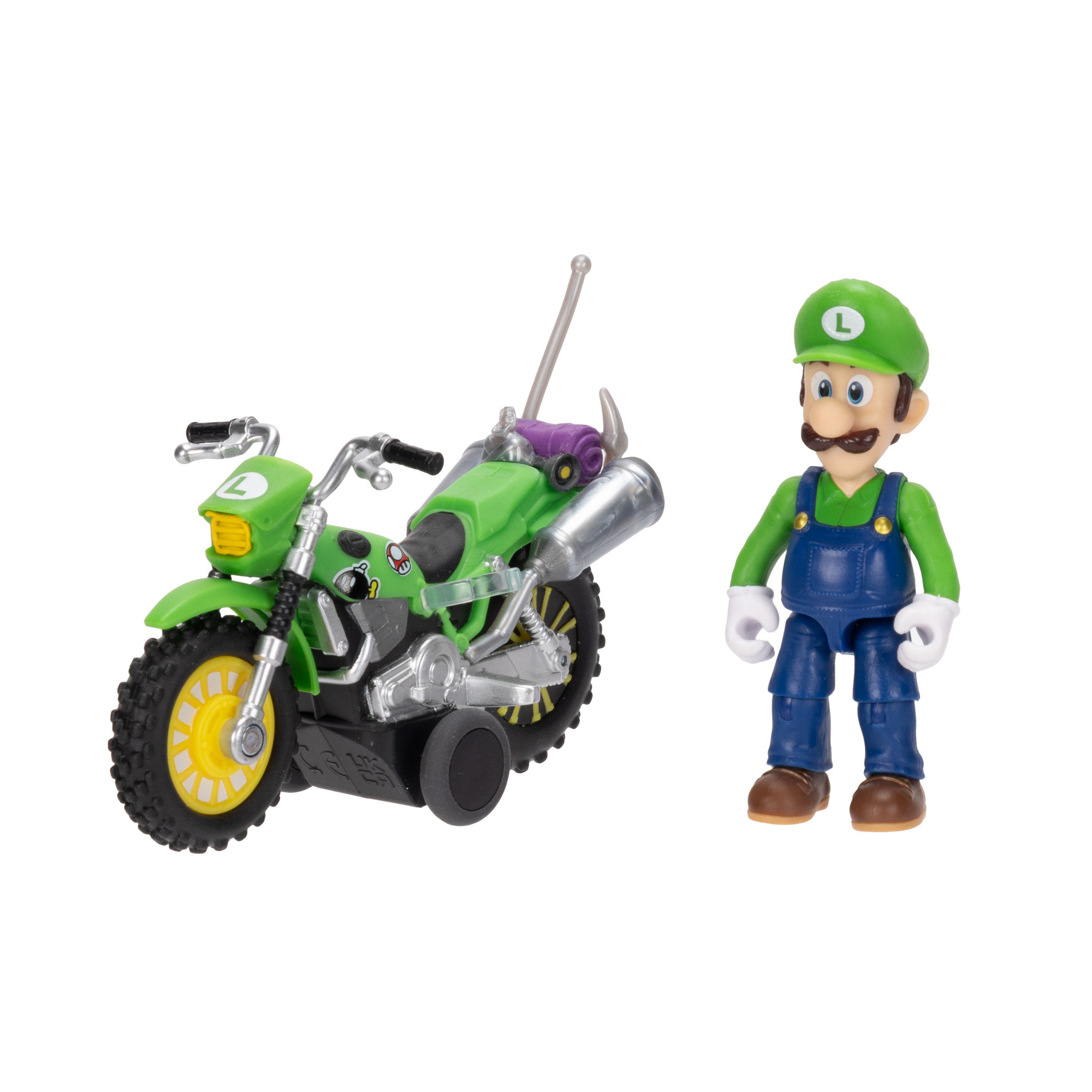 Luigi-Figur neben einem grünen Motorrad mit gelben Felgen auf weißem Hintergrund.