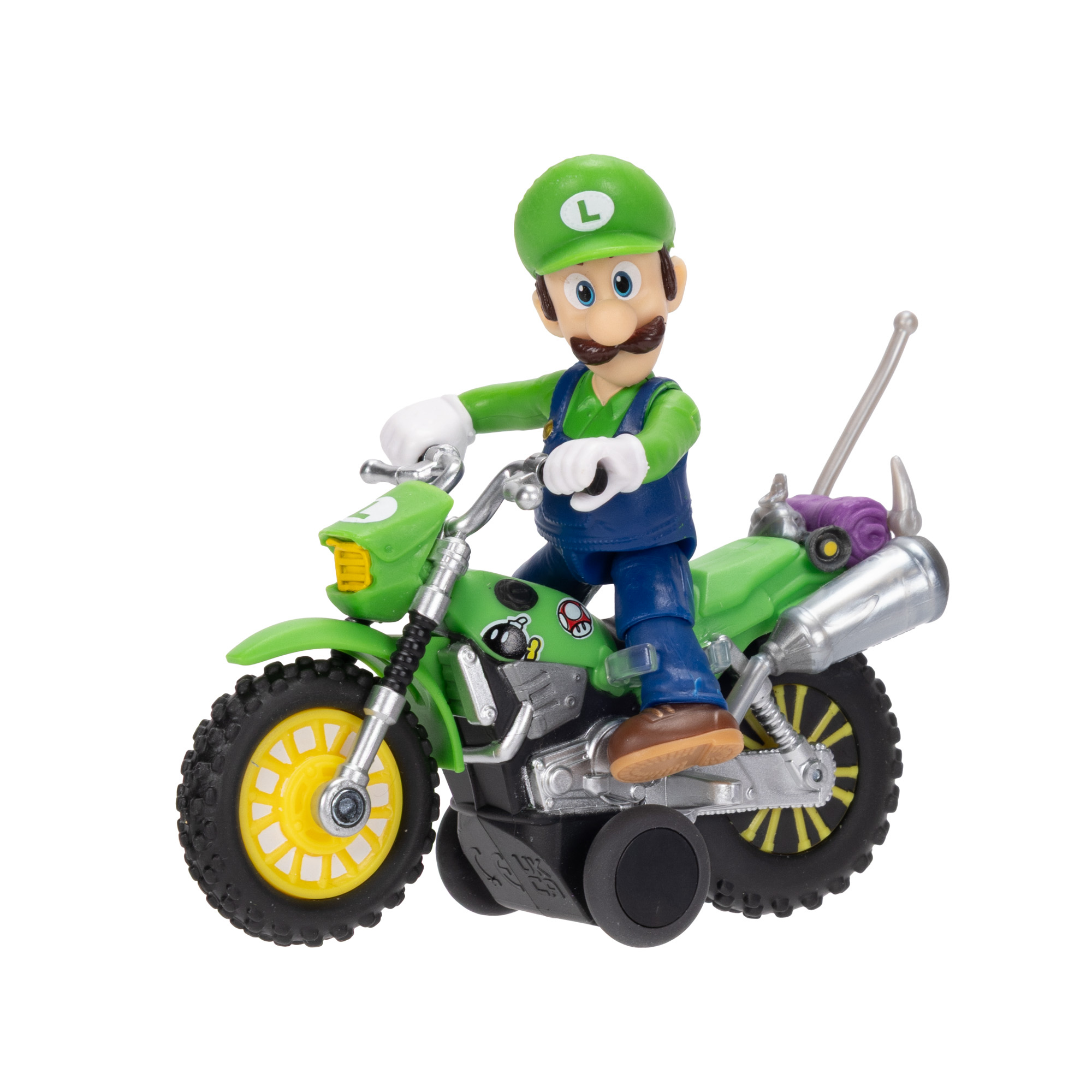 Luigi-Figur auf einem grünen Motorrad mit Stützrädern, weißer Hintergrund.