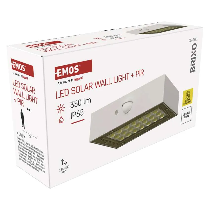 LED napelemes fali lámpa PIR-érzékelővel, 350 lm, IP65 doboza.