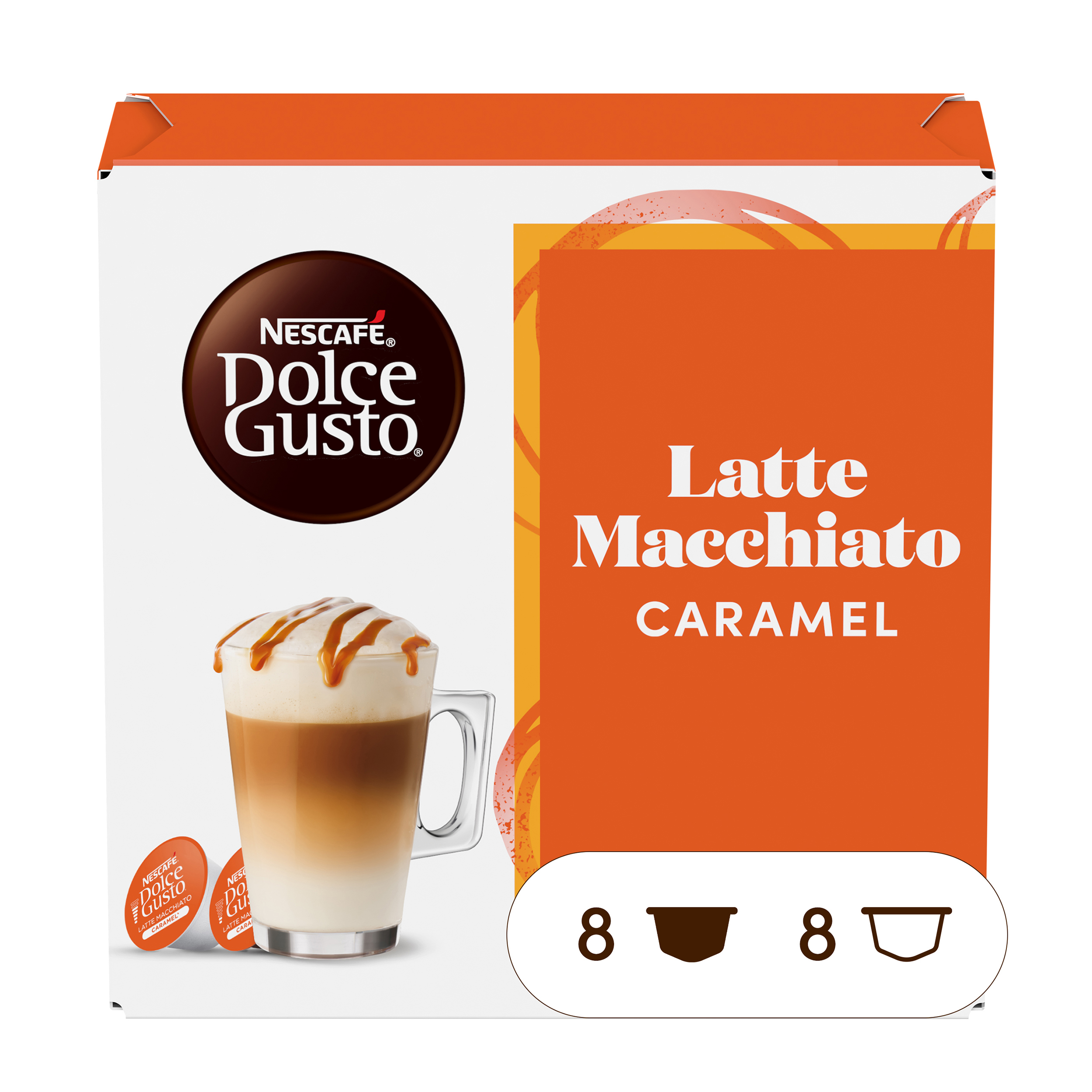 Nescafé Dolce Gusto Latte Macchiato Karamell Packung mit Kaffee und Glas.