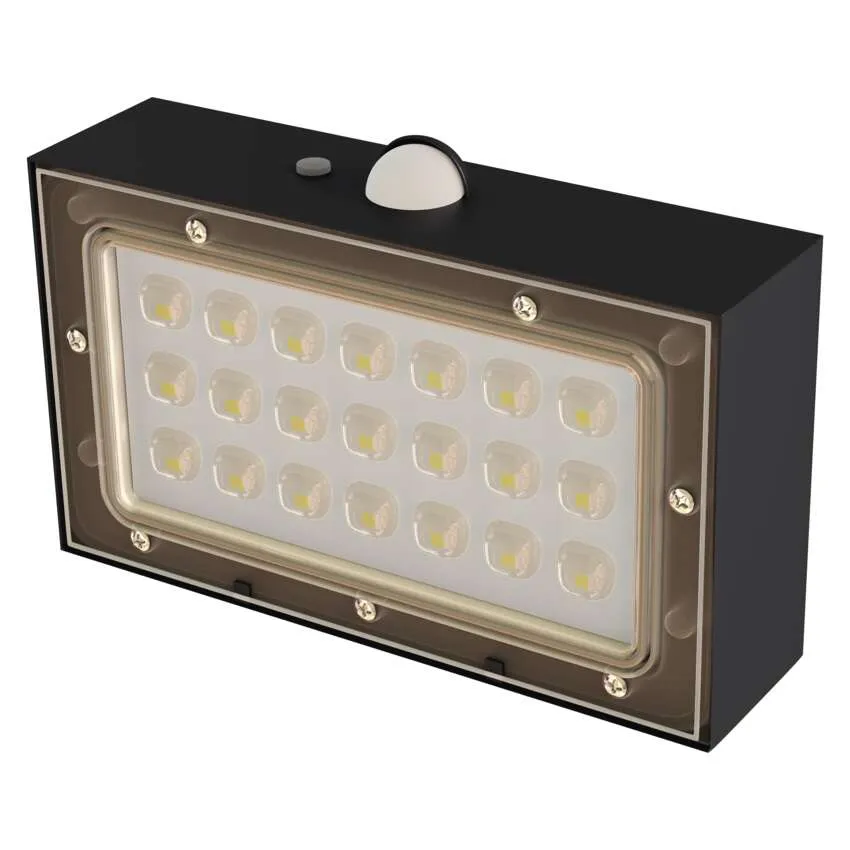 Fekete, téglalap alakú LED-es reflektor mozgásérzékelővel.