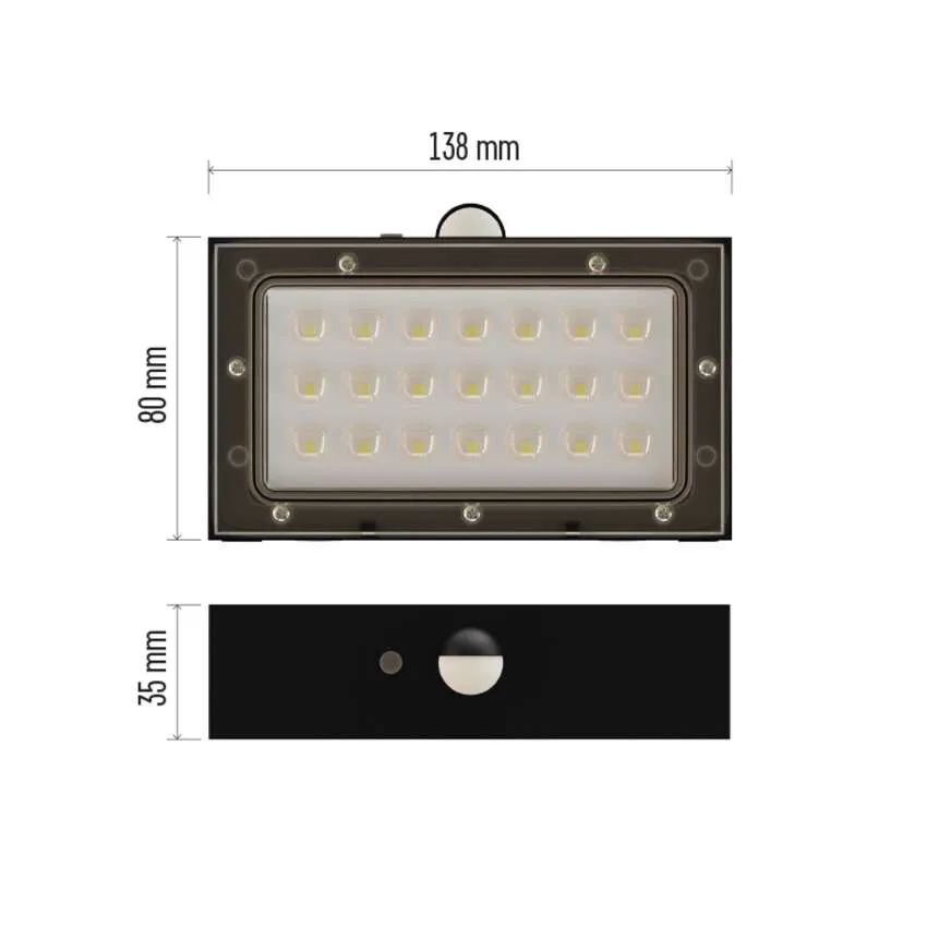 LED-es reflektor mozgásérzékelővel, méretek 138x80x35mm.