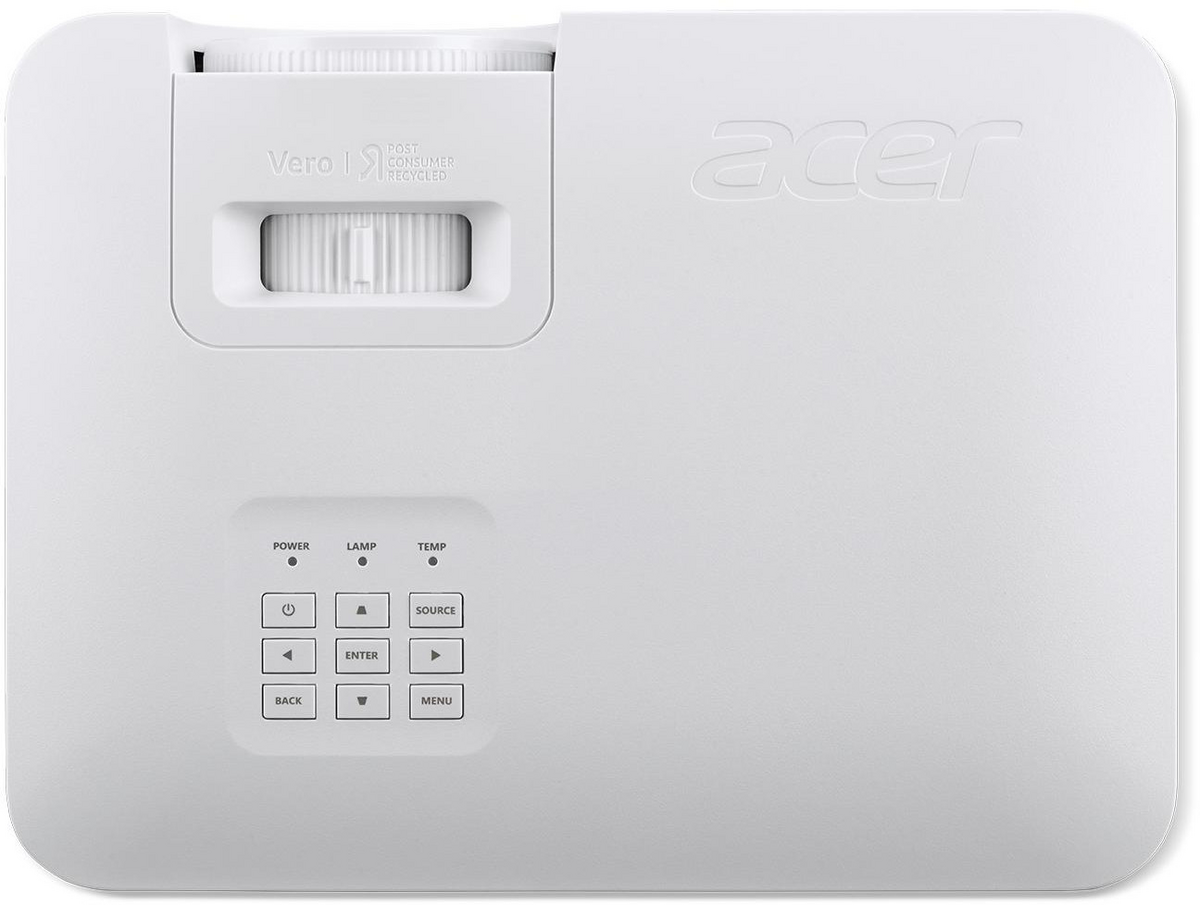 Fehér Acer projektor fókuszkerékkel, vezérlőgombokkal és visszajelzőkkel.