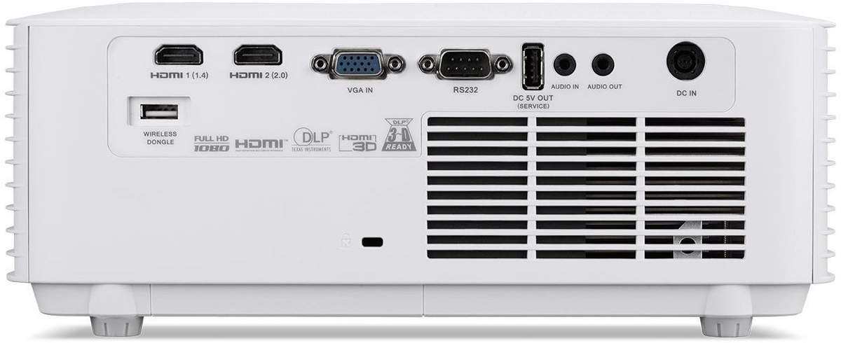 Fehér projektor hátulja csatlakozókkal: HDMI, VGA, RS232, USB és audio.