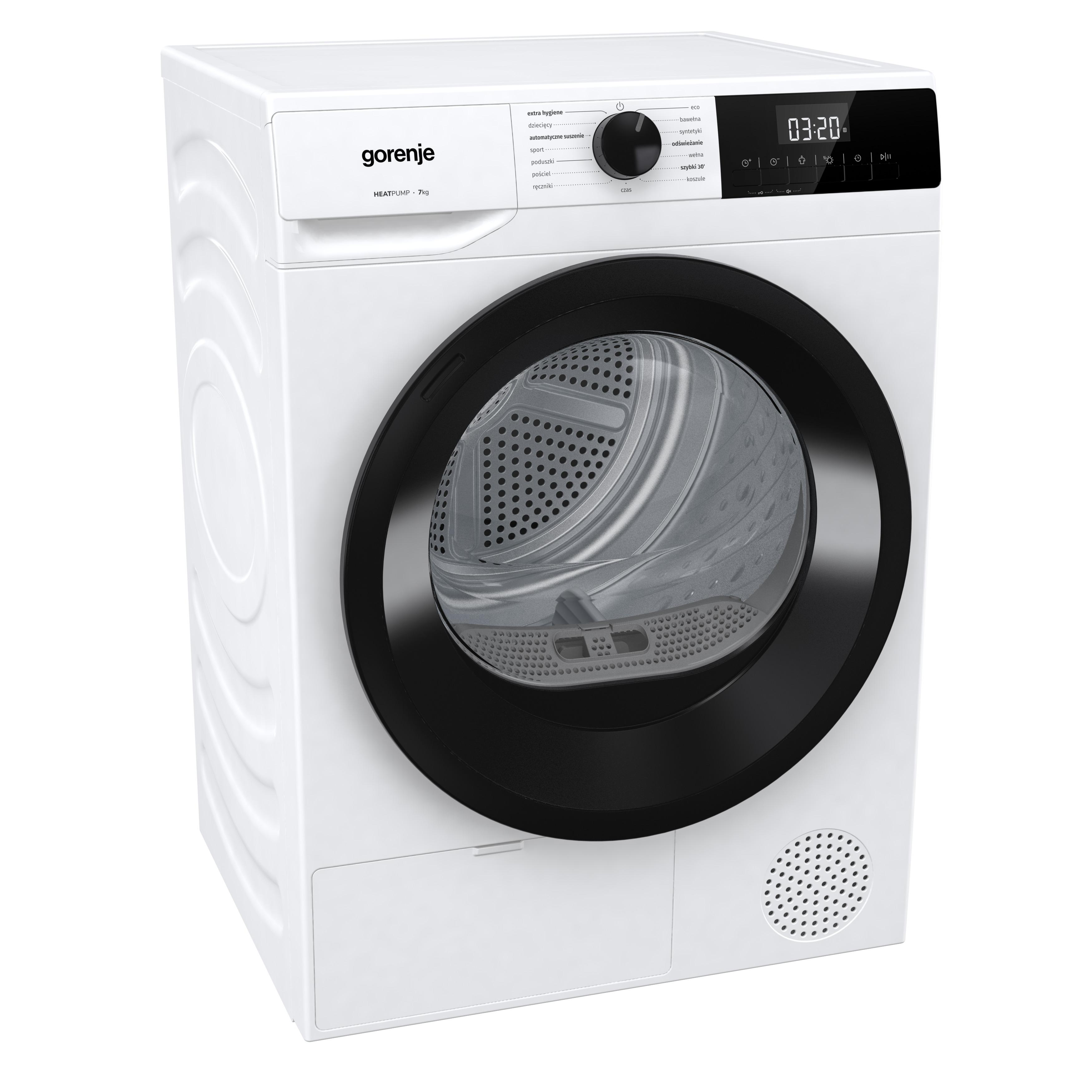 Eine weiße Gorenje Wärmepumpentrockner mit schwarzer Tür und Bedienfeld.