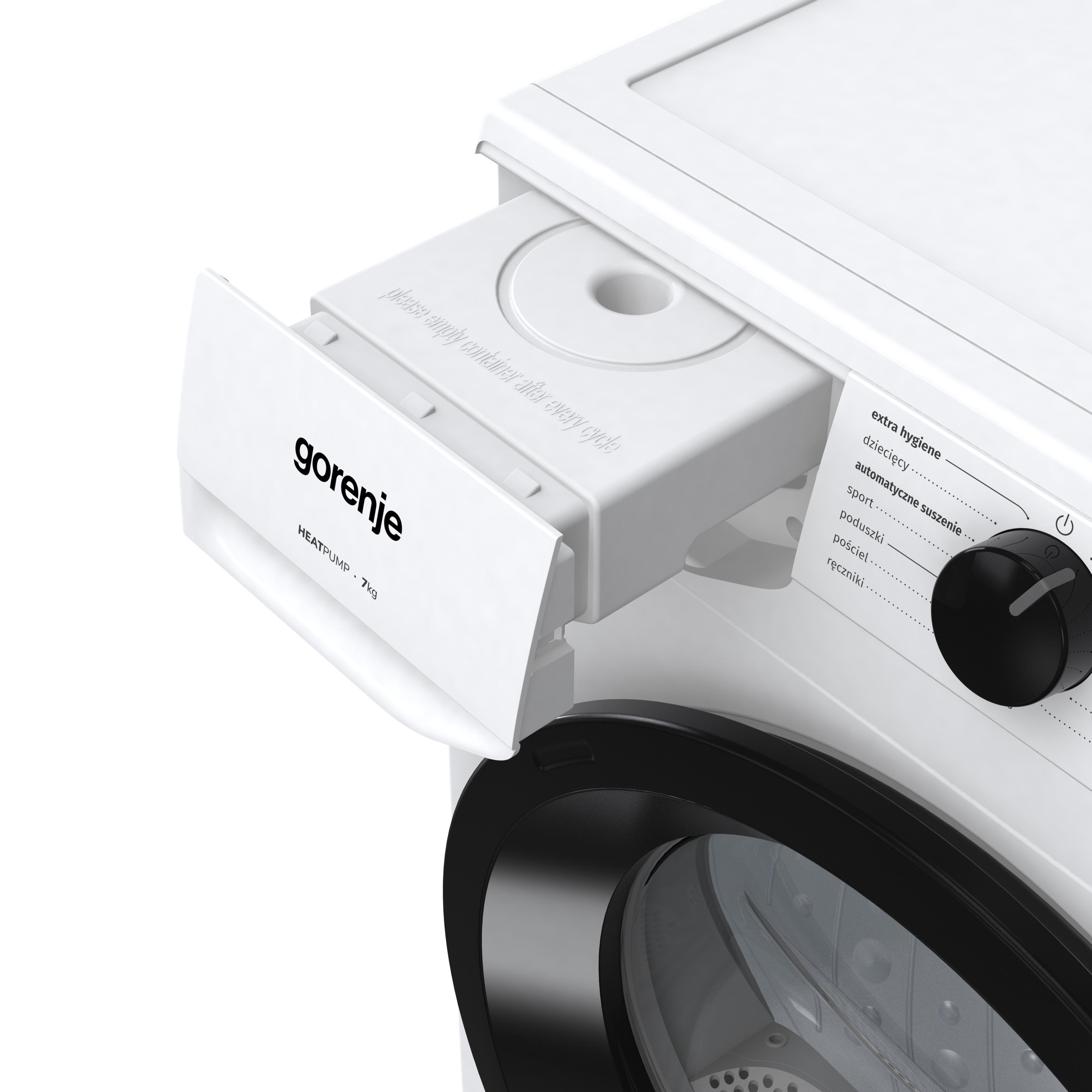 Weiße Gorenje Wärmepumpentrockner-Oberseite mit Schublade und Bedienfeld.