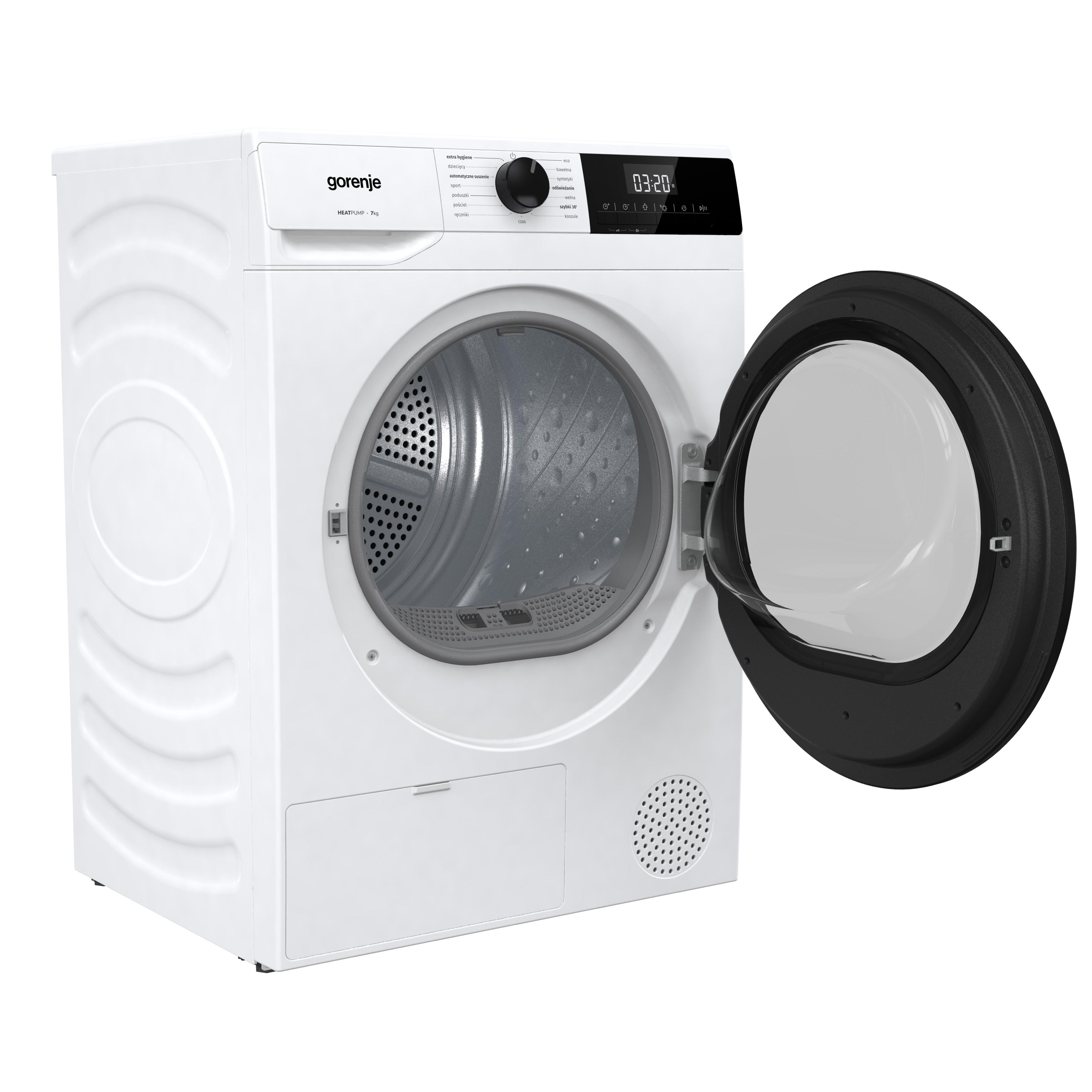 Ein weißer Gorenje Wäschetrockner mit geöffneter schwarzer Tür und Bedienelementen.
