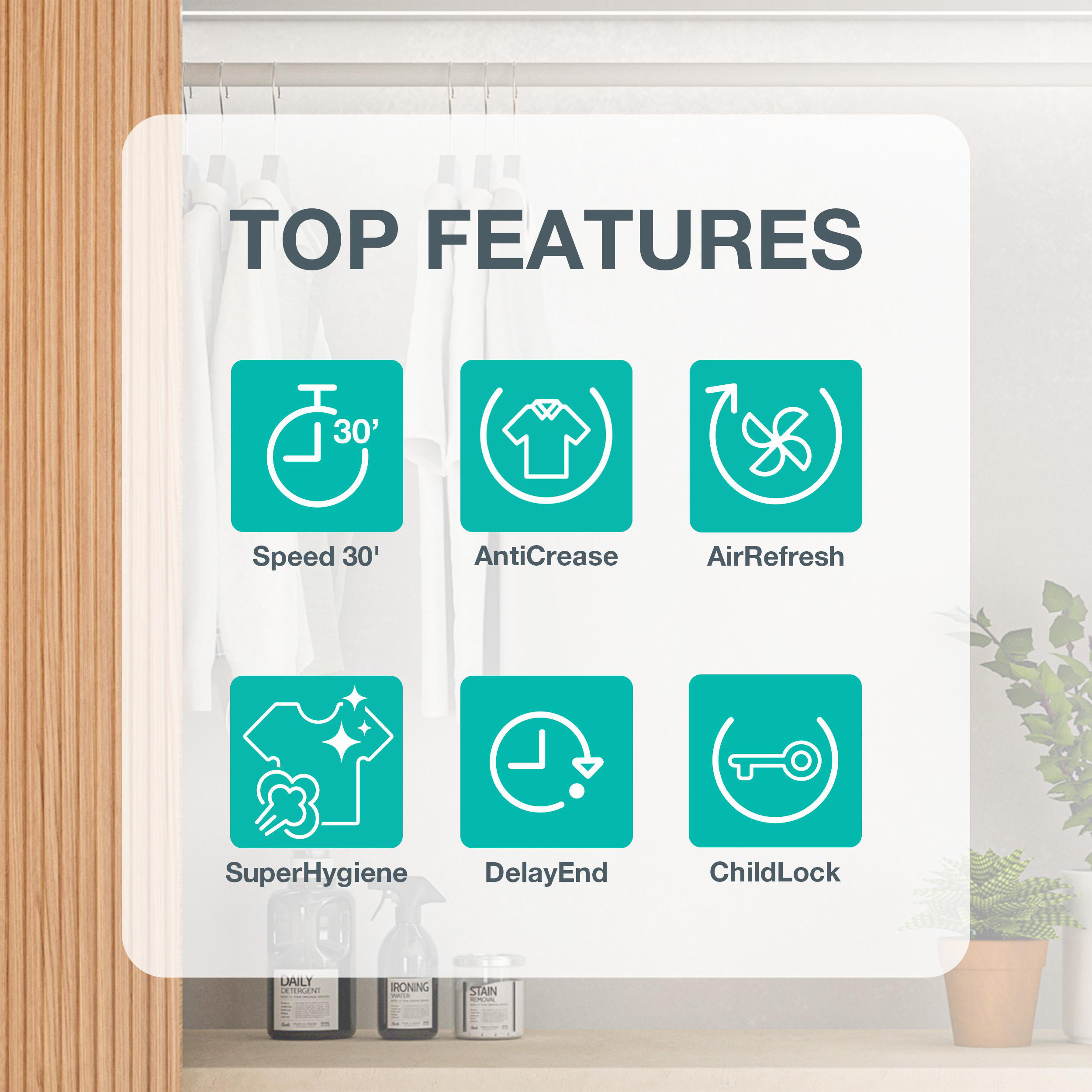 Sechs Icons zeigen Top-Funktionen: 30 Min. Schnell, Knitterschutz, Lufterfrischung, SuperHygiene, Verzögerung, Kindersicherung.