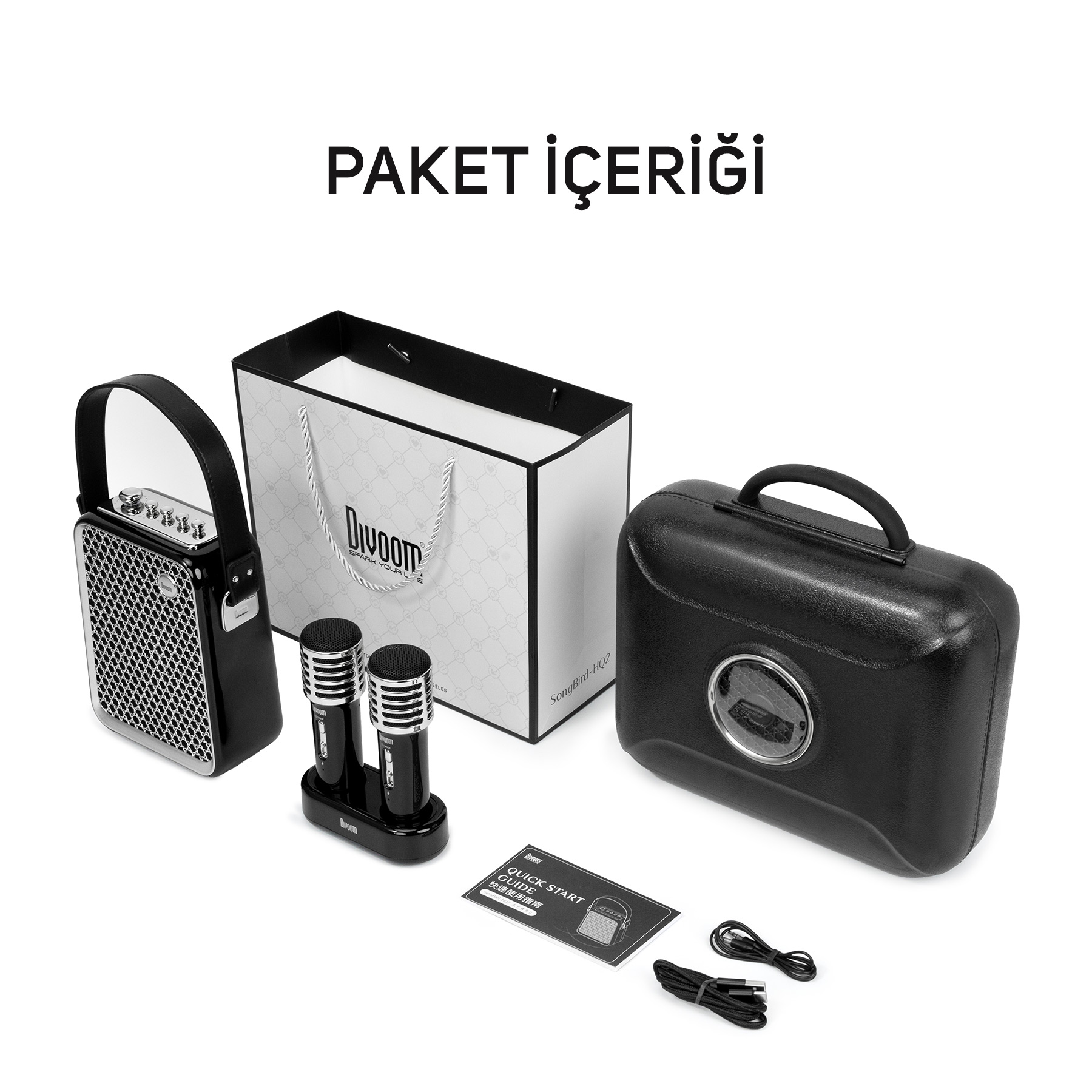 Siyah bavul, hoparlör, mikrofonlar, çanta ve kablolar beyaz zeminde.
