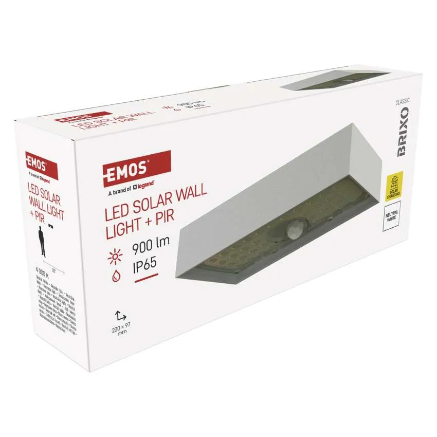 Fehér LED-es napelemes fali lámpa doboza PIR-érzékelővel. Méret: 230x97mm.