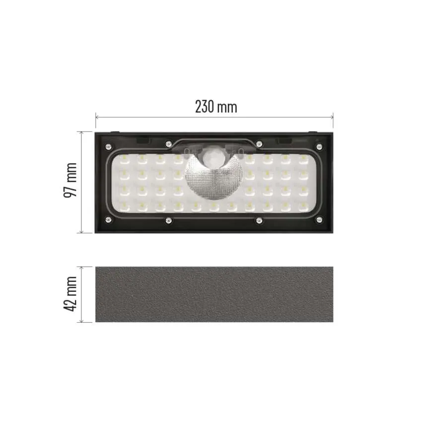 Egy napelemes lámpa 230x97x42mm méretekkel és sok LED-del.