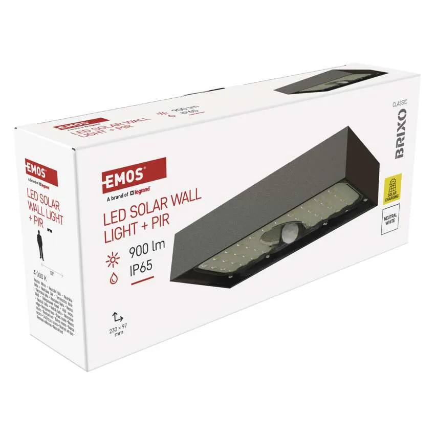 EMOS LED Solar fali lámpa doboza PIR-érzékelővel, 900 lm, IP65.