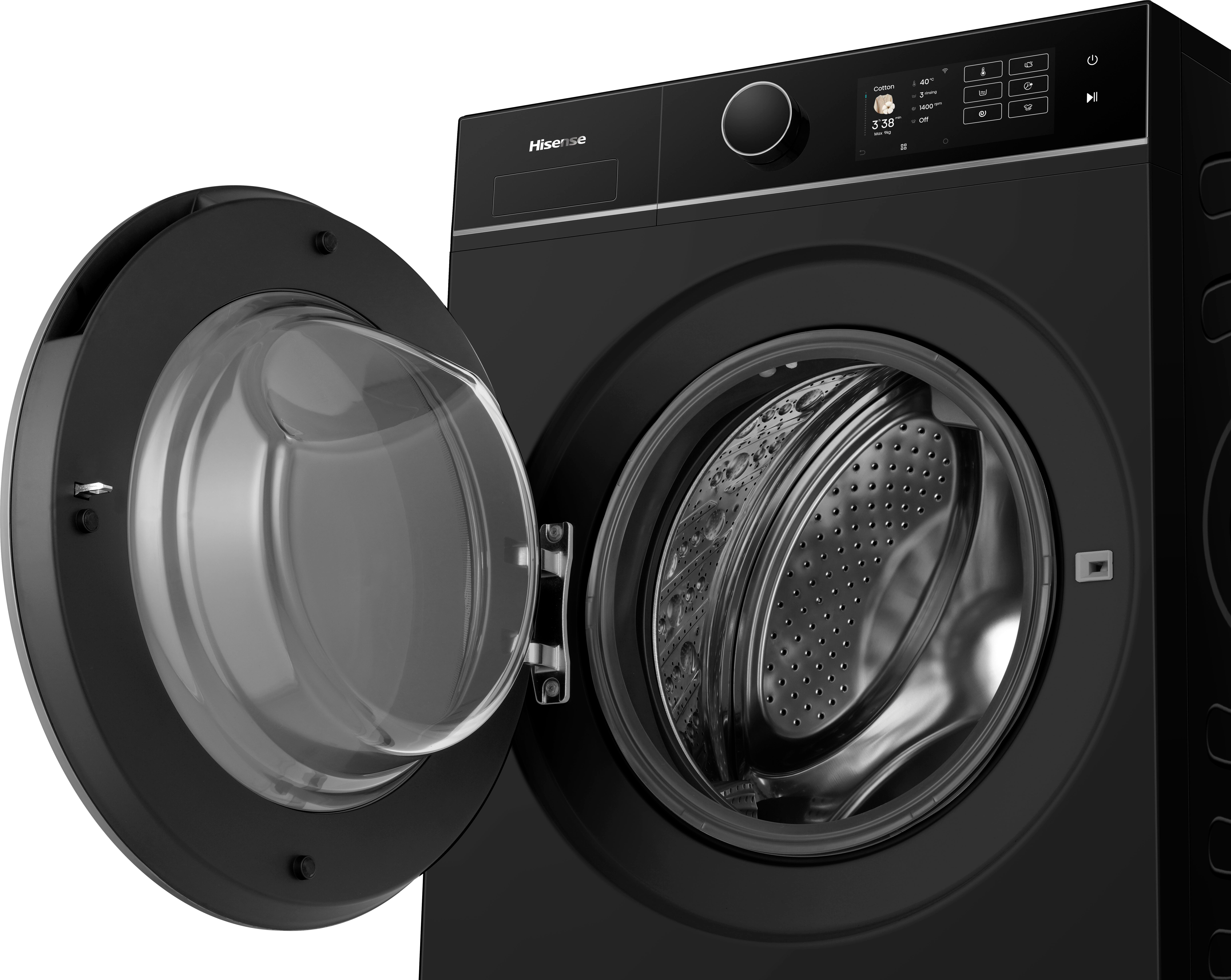 Schwarze Waschmaschine mit offener Tür und digitalem Bedienfeld.