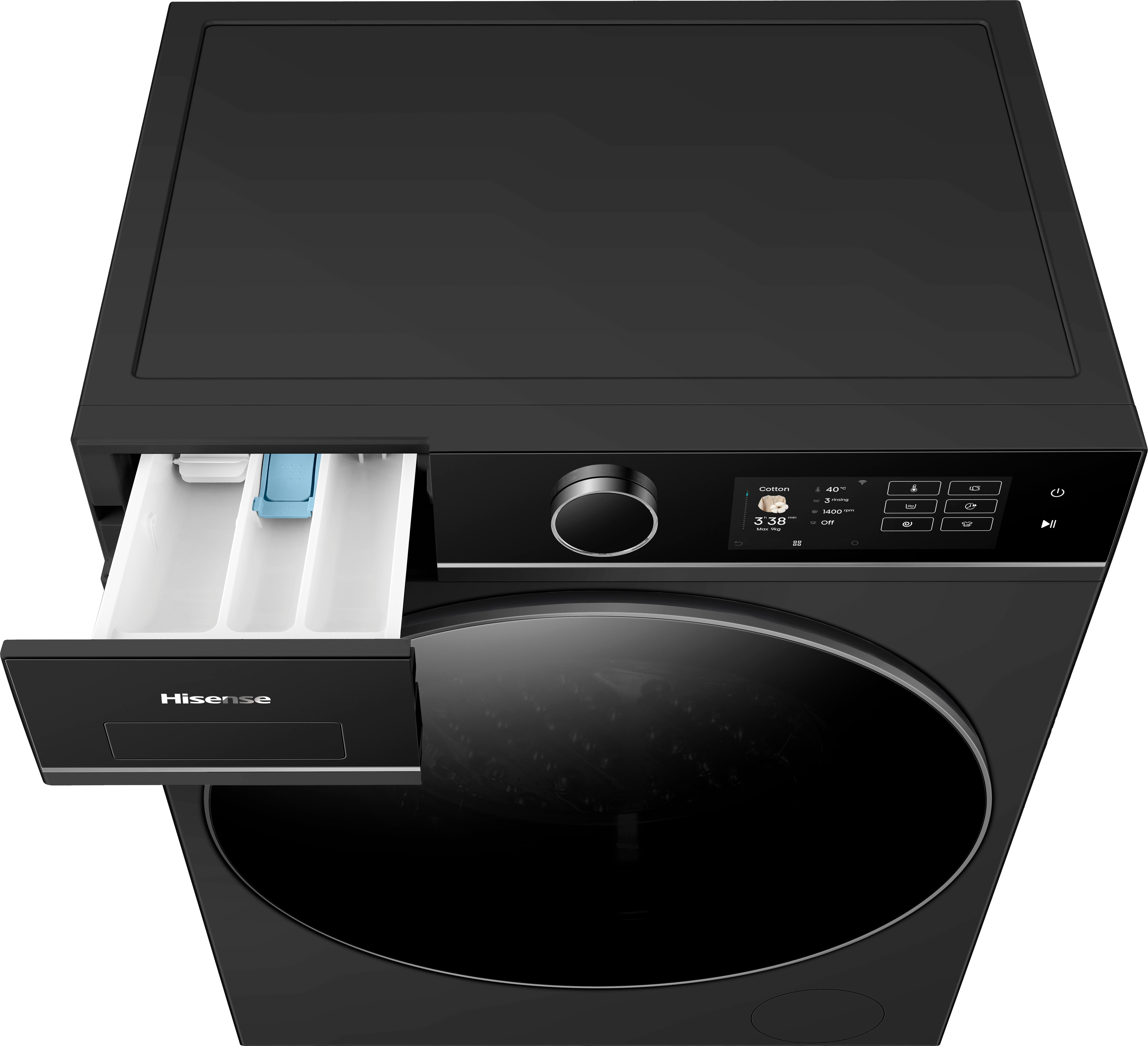 Schwarze Hisense Waschmaschine mit herausgezogener Schublade für Waschmittel.