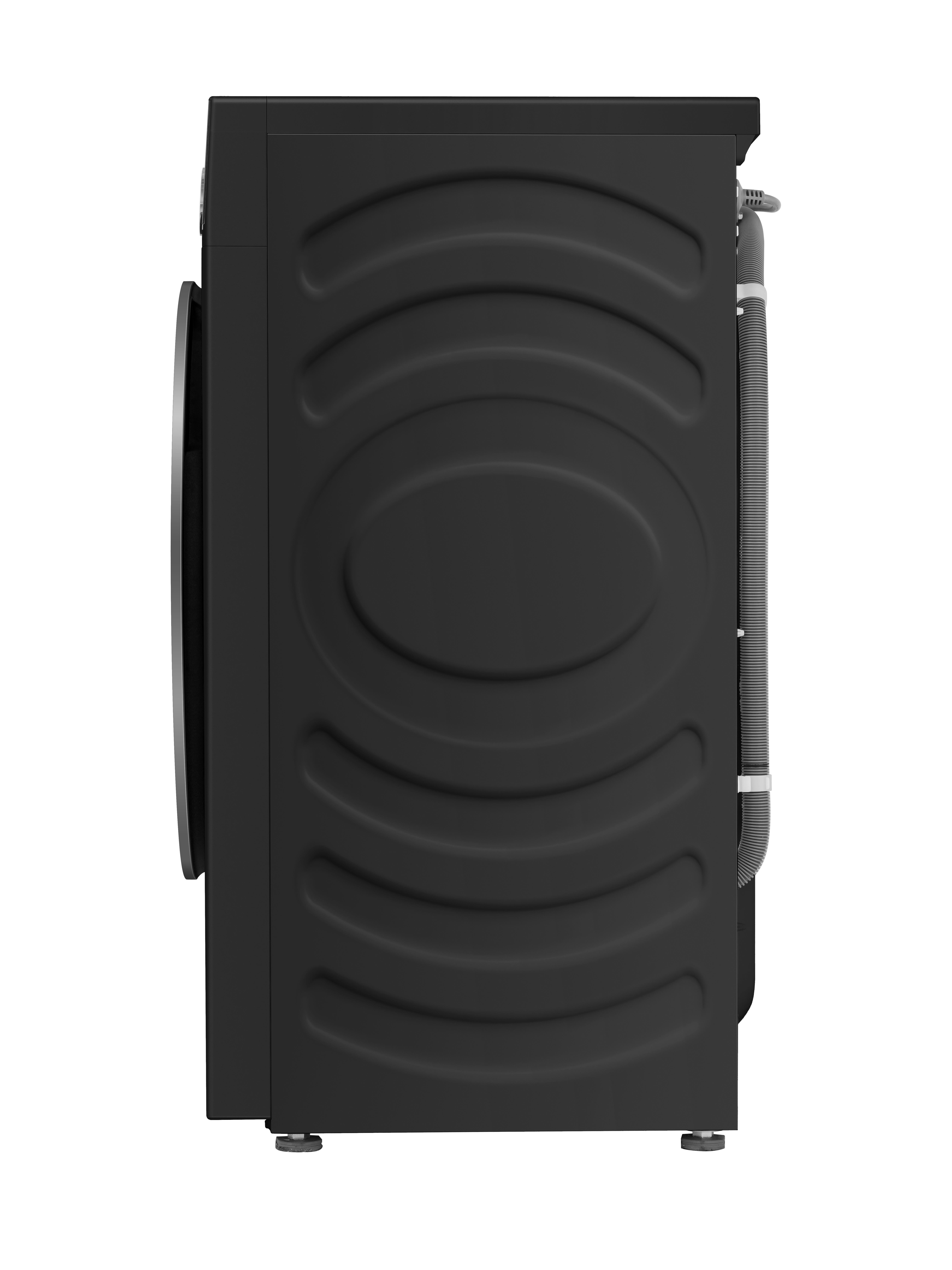 Schwarze Waschmaschine von der Seite, mit Wellenmuster auf der Seite.