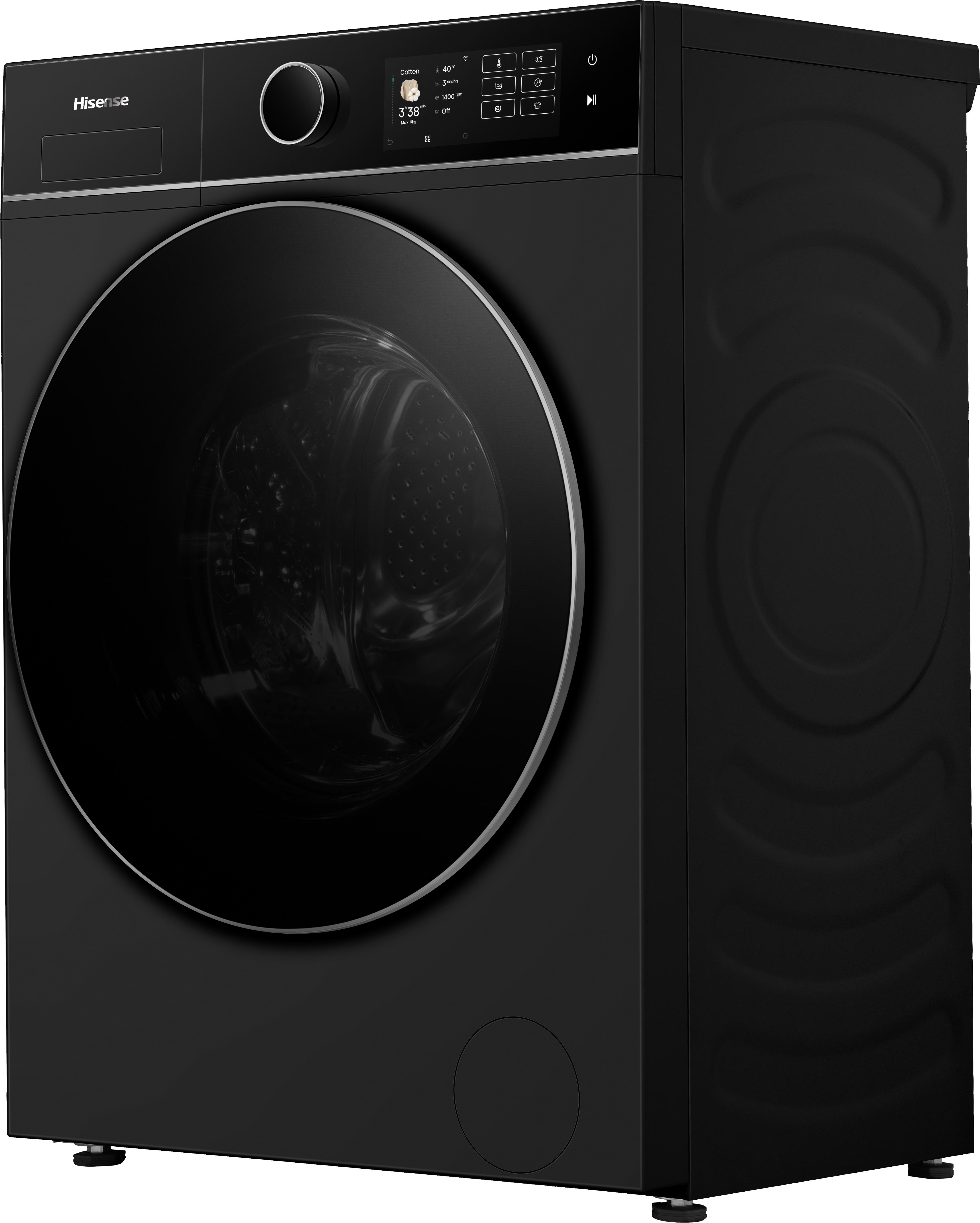 Schwarze Hisense Waschmaschine mit rundem Bullauge und Bedienfeld.