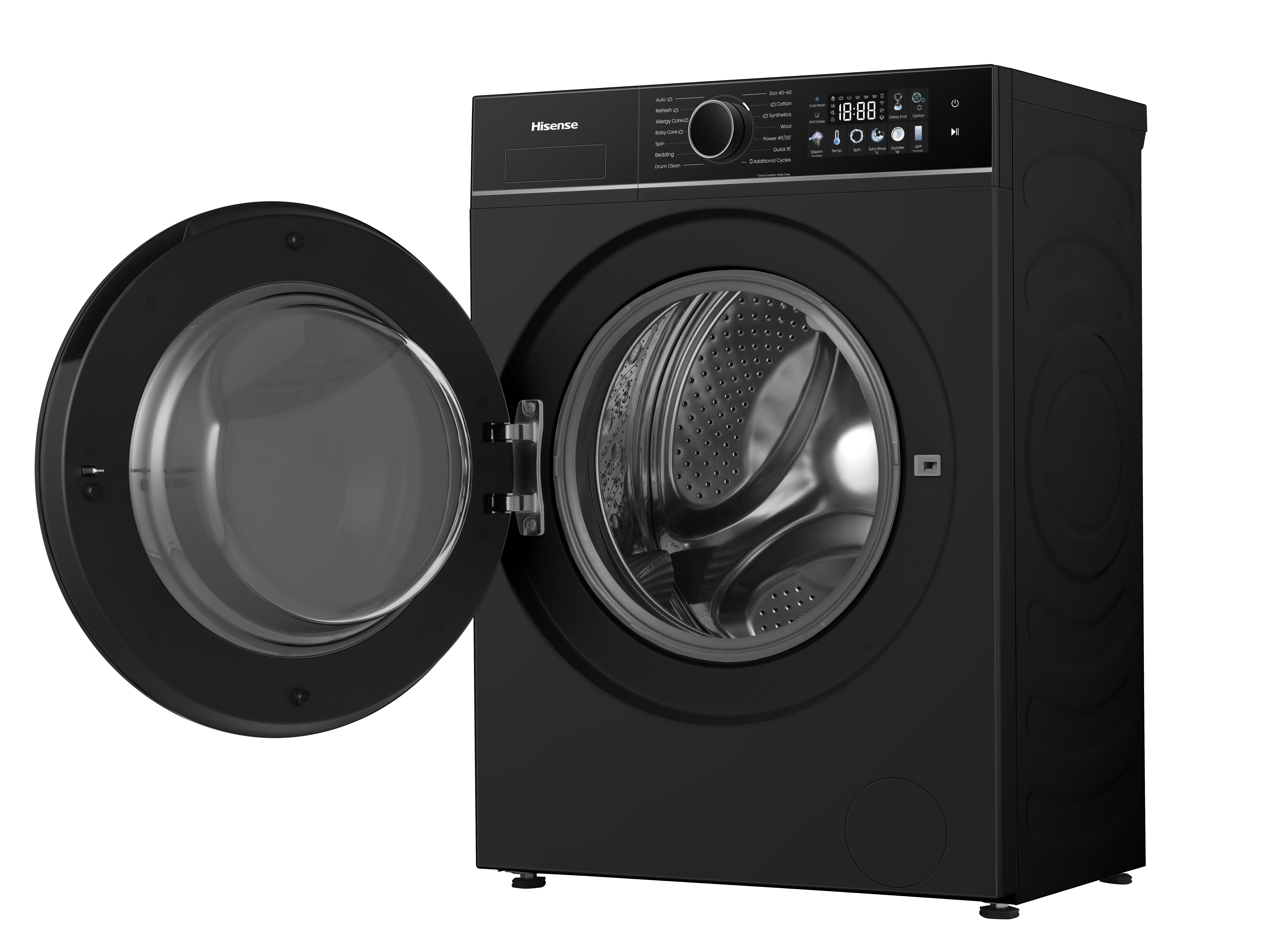 Schwarze Waschmaschine mit geöffneter Tür und digitalem Display.
