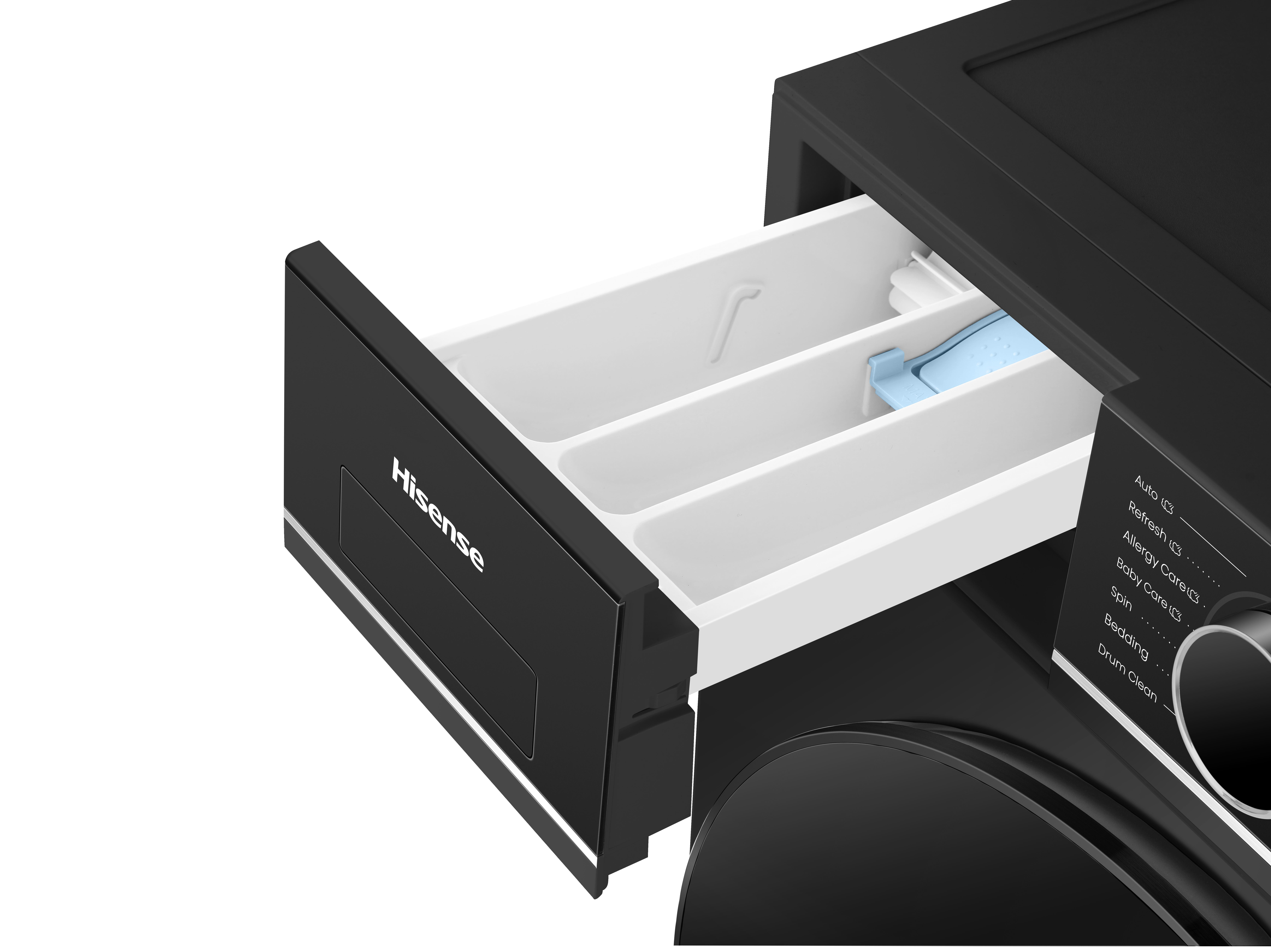 Schwarze Waschmaschine mit geöffneter Schublade für Waschmittel und Bedienfeld.