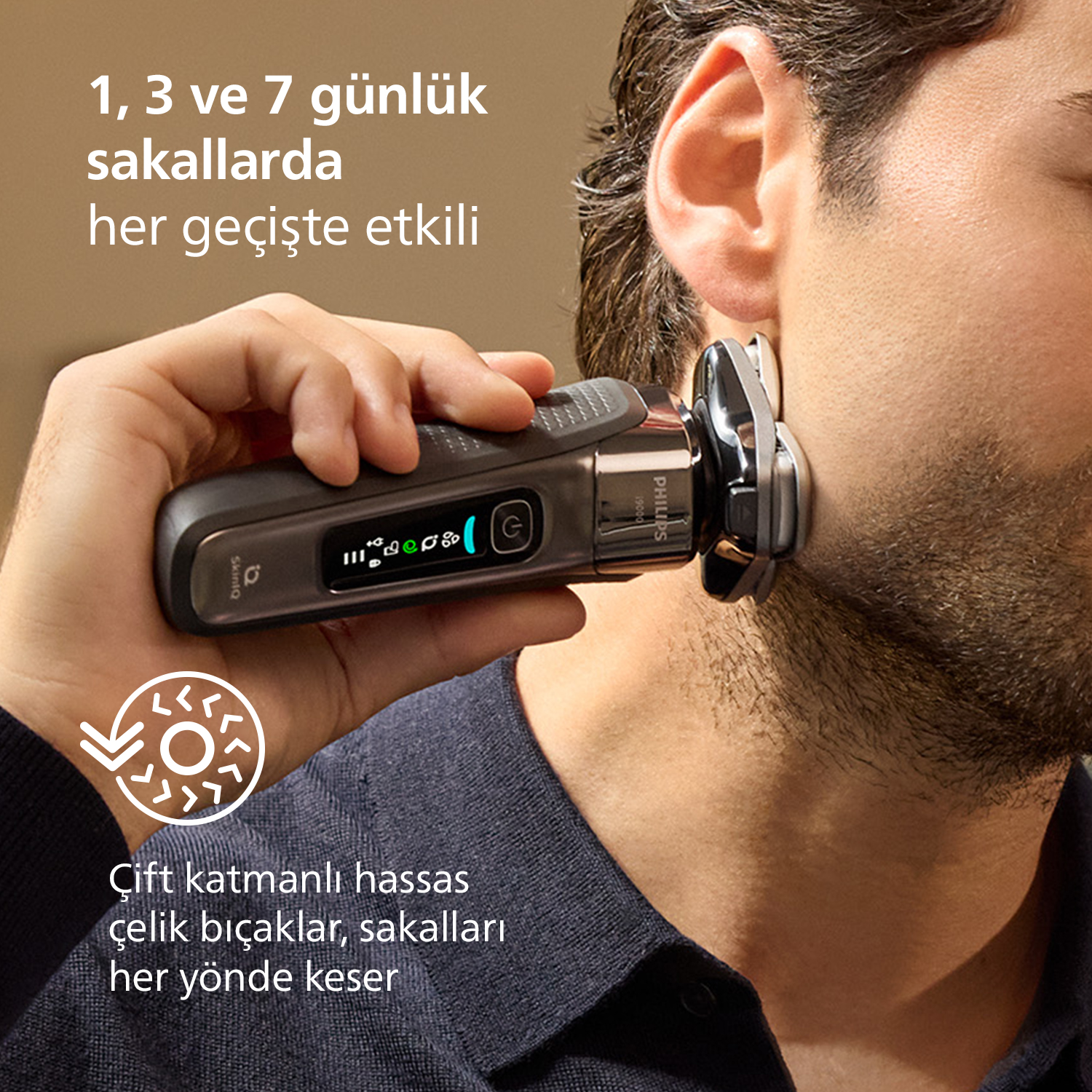 Erkek elektrikli tıraş makinesiyle tıraş oluyor. Kahverengi zeminde beyaz ikonlar ve yazı.