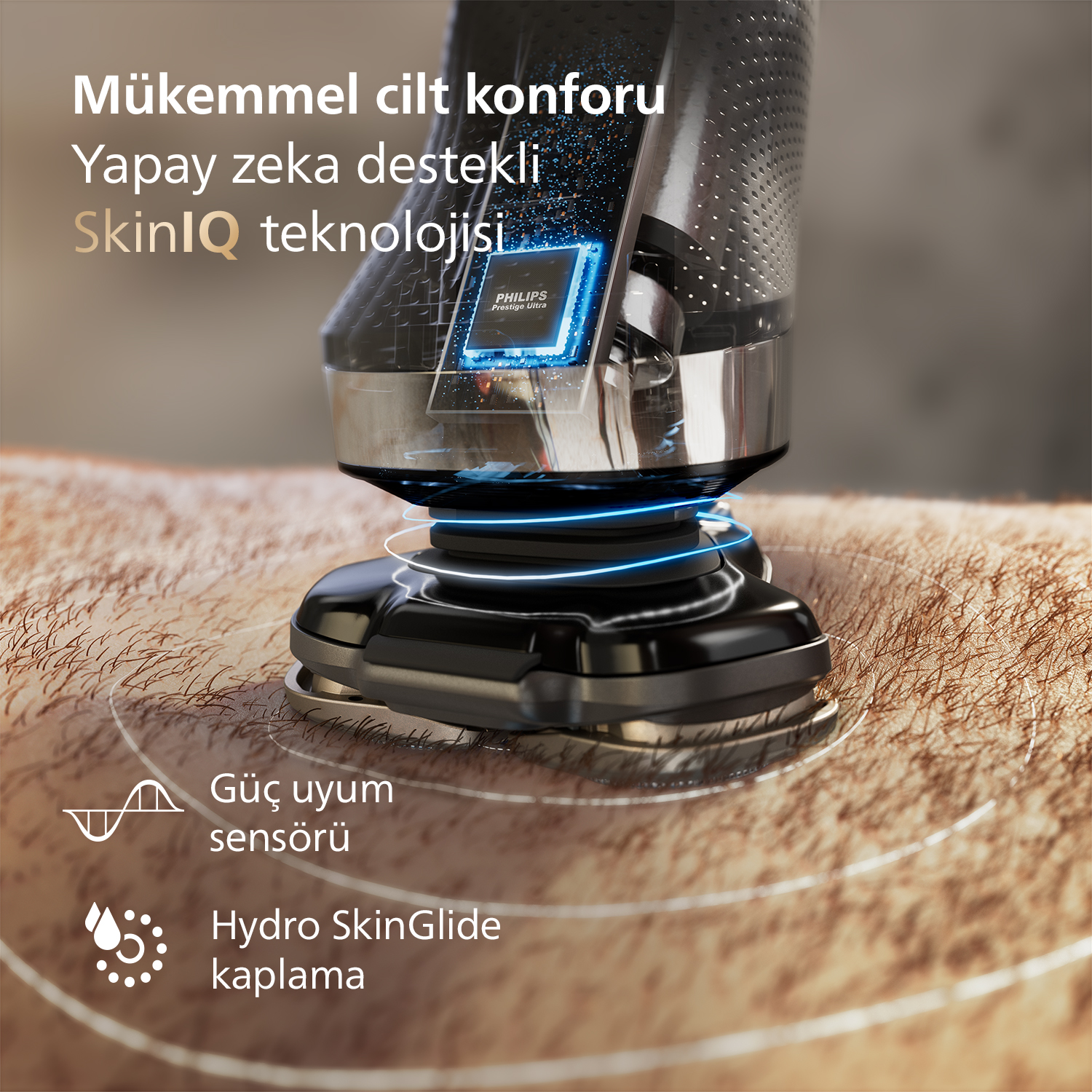 Philips SkinIQ teknolojili tıraş makinesi cilt üzerinde. Mavi ışıklar sensörleri gösteriyor.