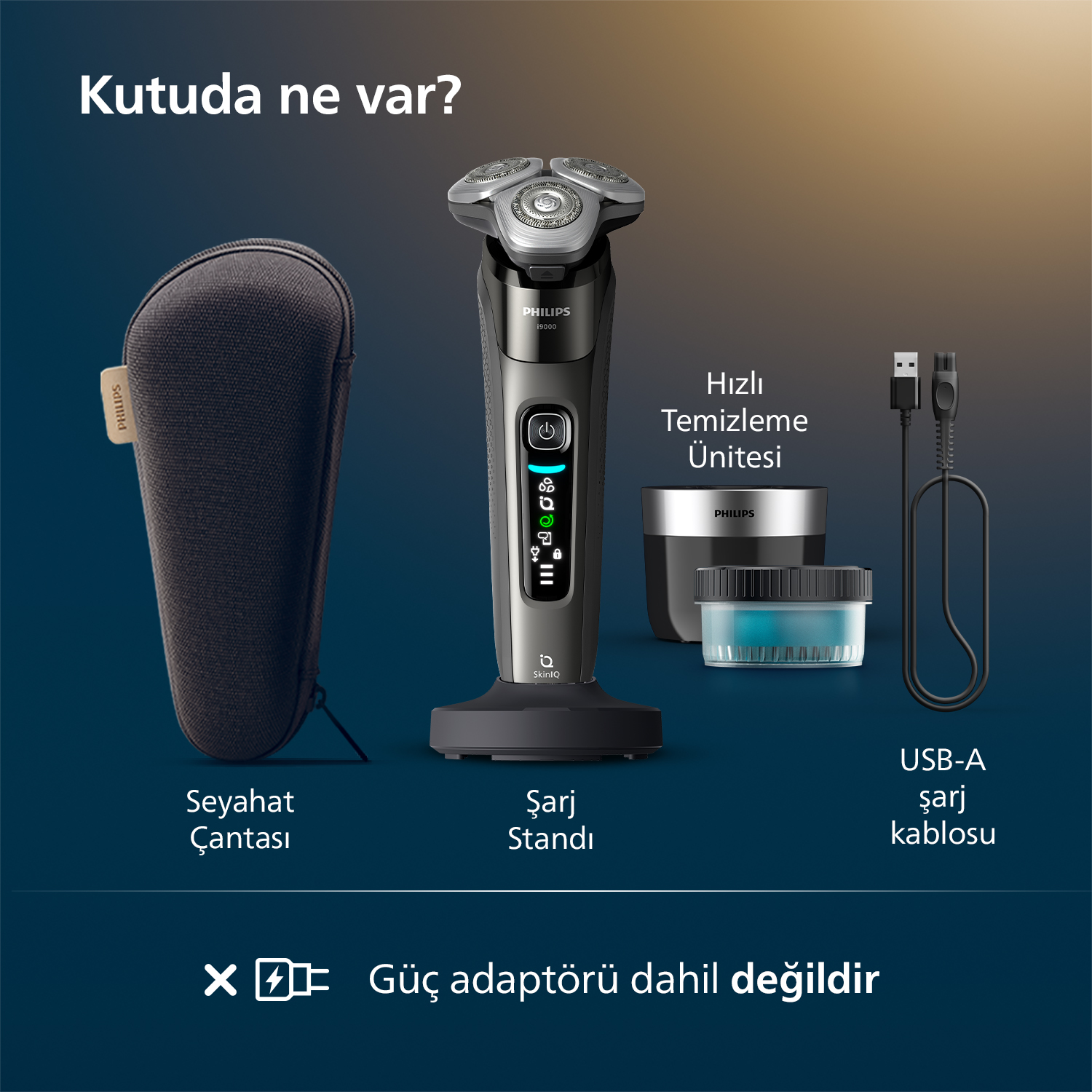 Philips tıraş makinesi, seyahat çantası, şarj standı, temizleme ünitesi ve kablo.