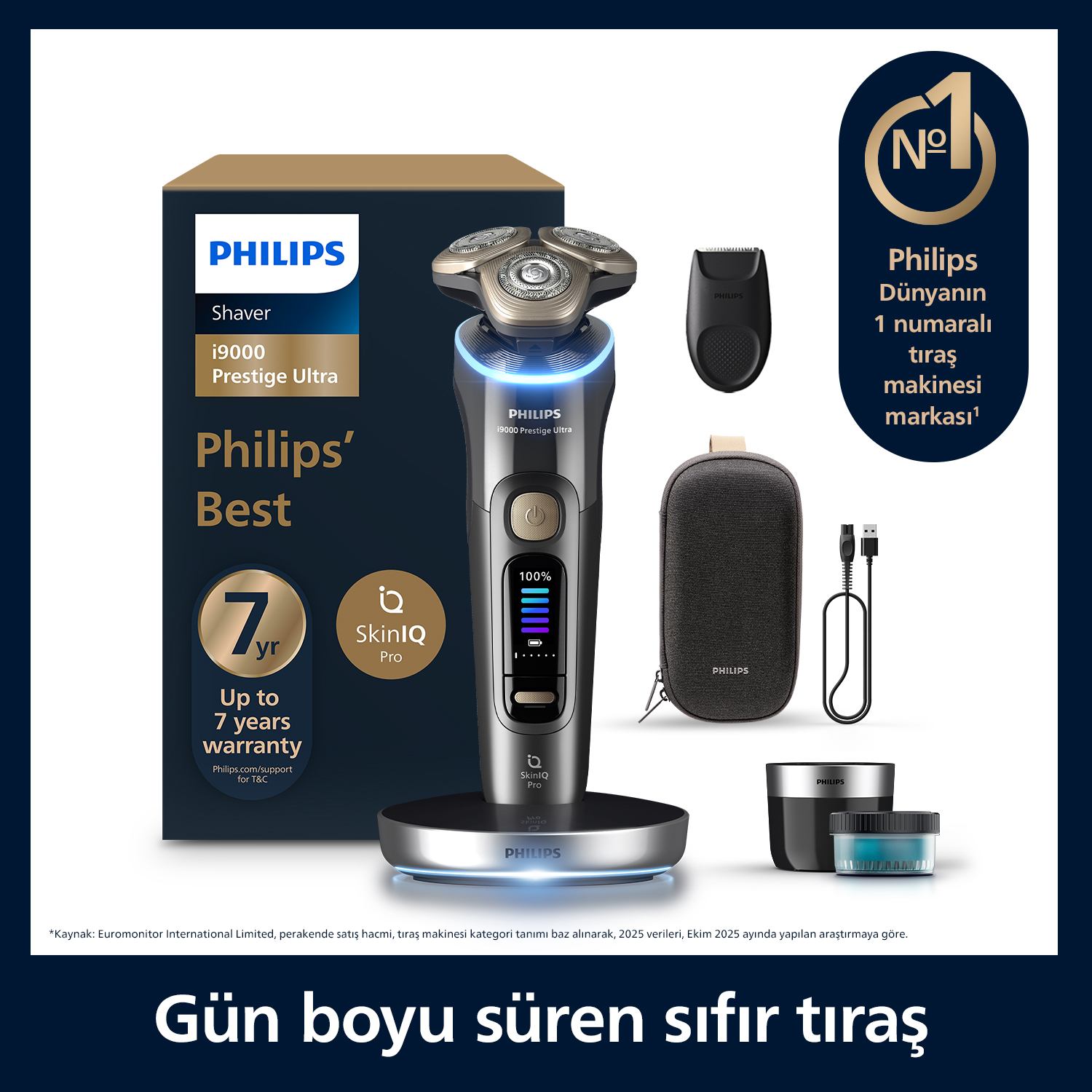 Philips i9000 Prestige Ultra tıraş makinesi şarj istasyonu, aksesuarlar ve garanti bilgisi.