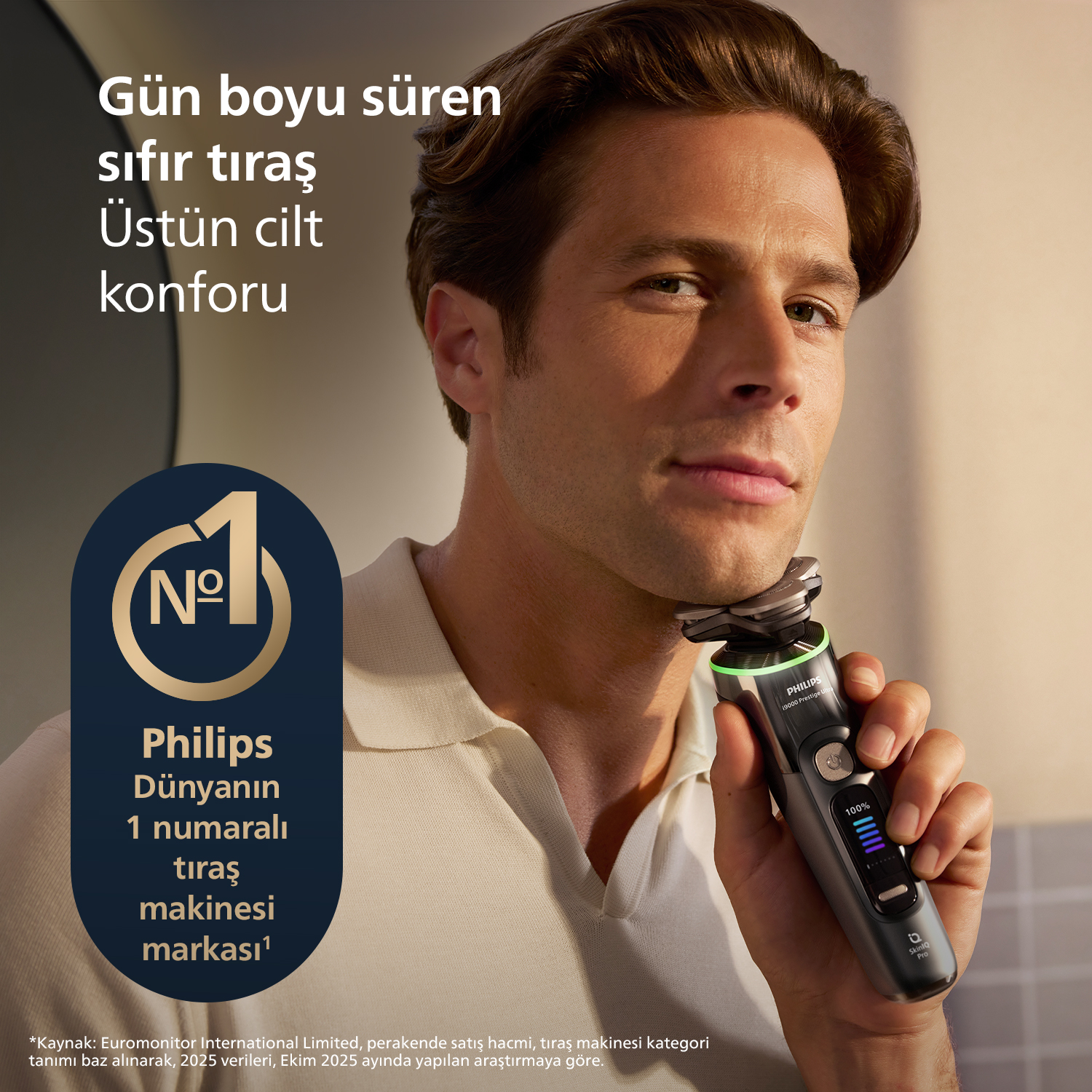 Erkek, "1 Numara Marka" logolu Philips tıraş makinesi tutuyor. Yeşil ışıklar.