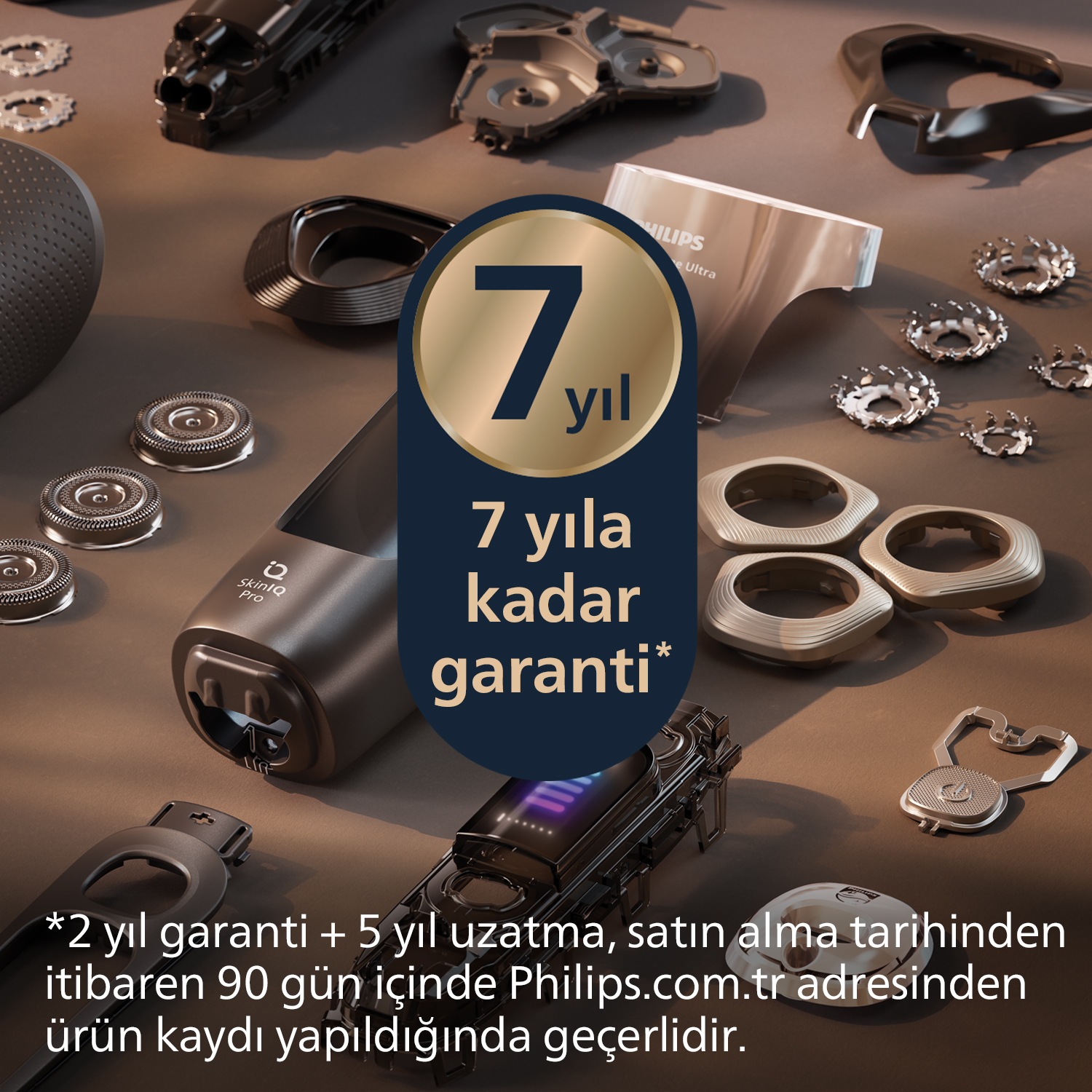 Philips tıraş makinesi yedek parçalar ve '7 yıl garanti' mührü ile.
